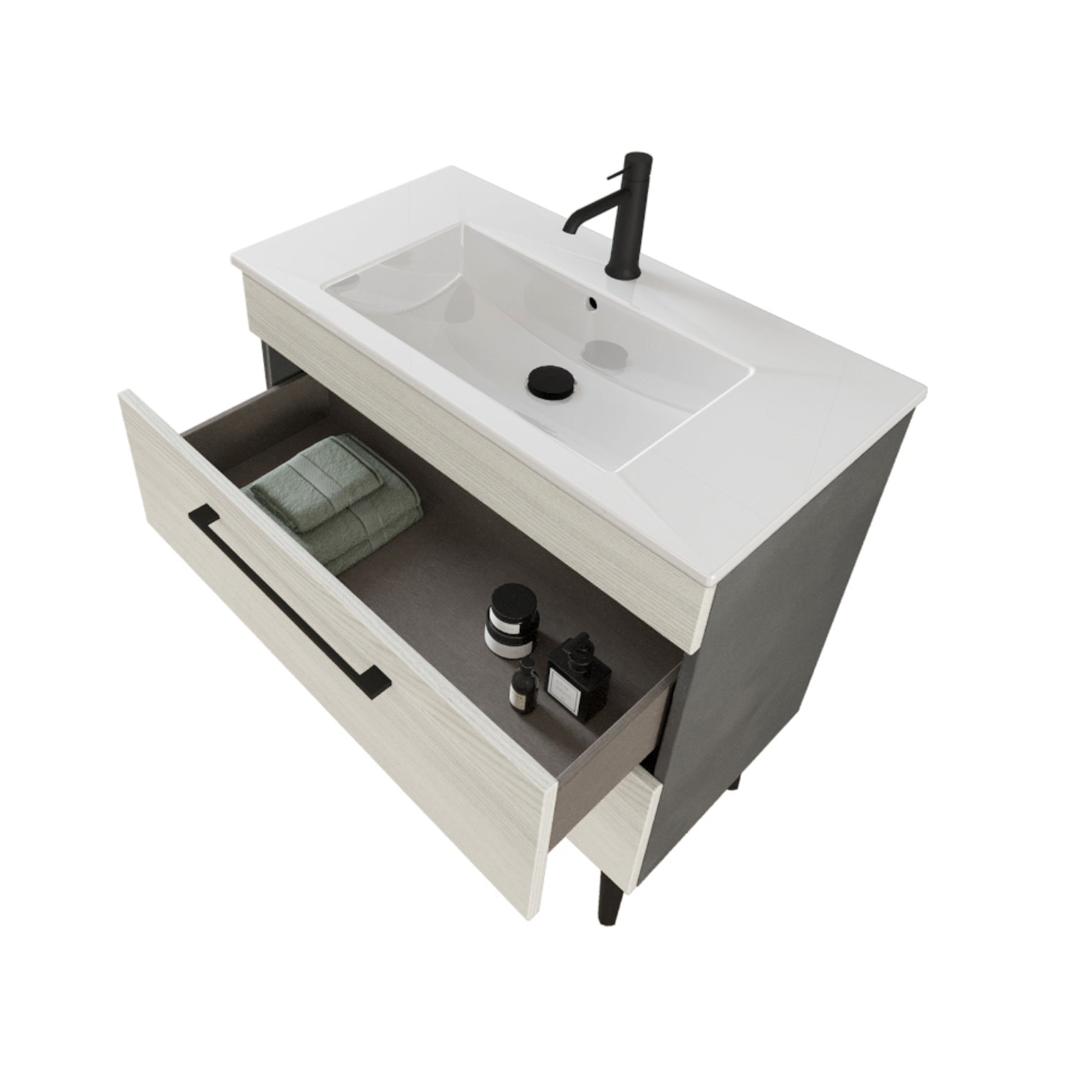 Composizione bagno sospesa Smack a 2 cassetti 80x62 con lavabo, specchio con lampada LED olmo bianco e cemento by CeramicStore | Lo specialista del tuo bagno