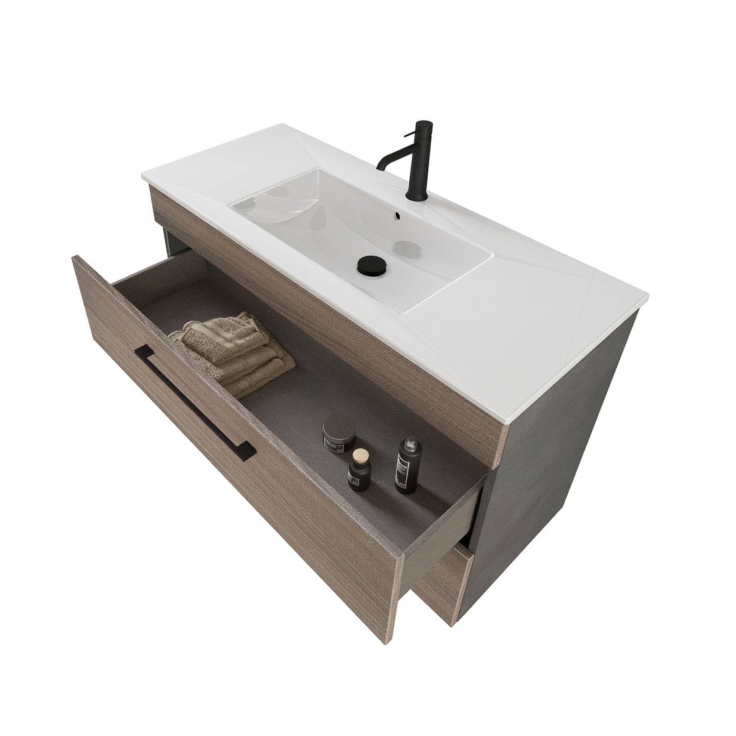 Composizione bagno sospesa Smack a 2 cassetti 100x62 con lavabo, specchio con lampada LED olmo naturale e cemento by CeramicStore | Lo specialista del tuo bagno