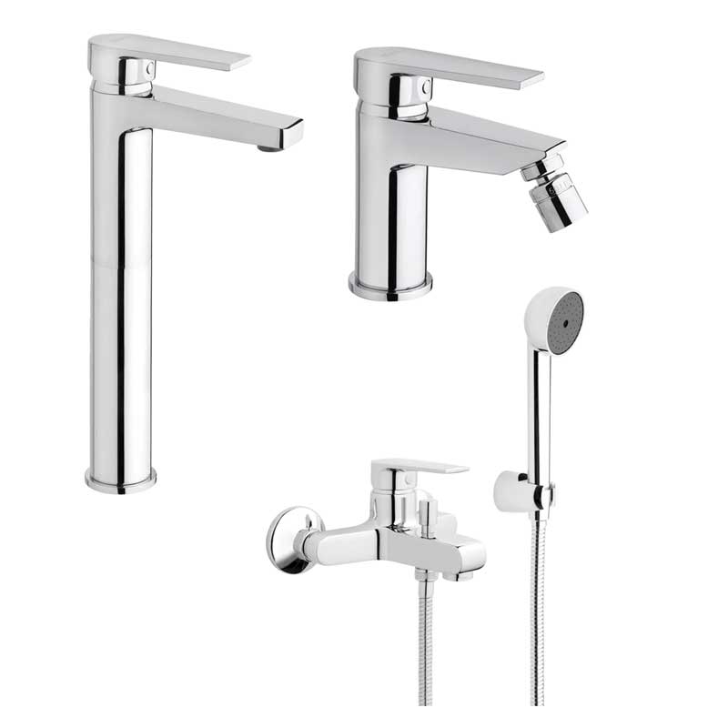 Set di rubinetti da bagno Lavabo Alto e Bidet con scarico e Vasca con doccetta finitura cromata collezione LOGOS+ di Mamoli Rubinetterie by CeramicStore | Lo specialista del tuo bagno