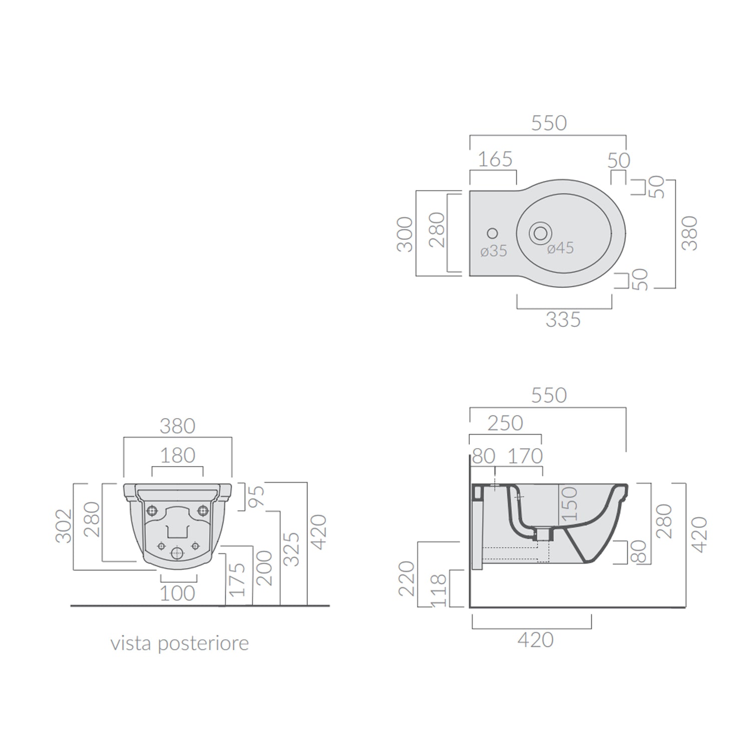 Bidet sospeso 55x38 cm serie Ethos di Ceramica Galassia