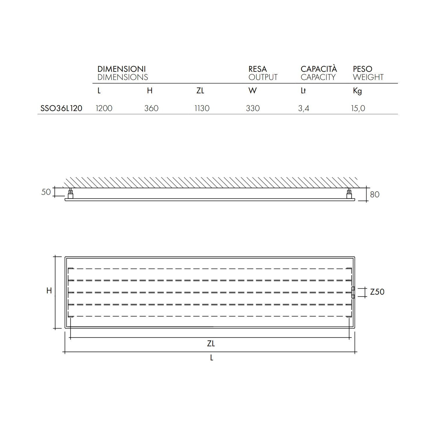 Termoarredo design linea TermoCrea Modello 'New York' cm 36x120 a piastra orizzontale interasse mm 50 by CeramicStore | Lo specialista del tuo bagno