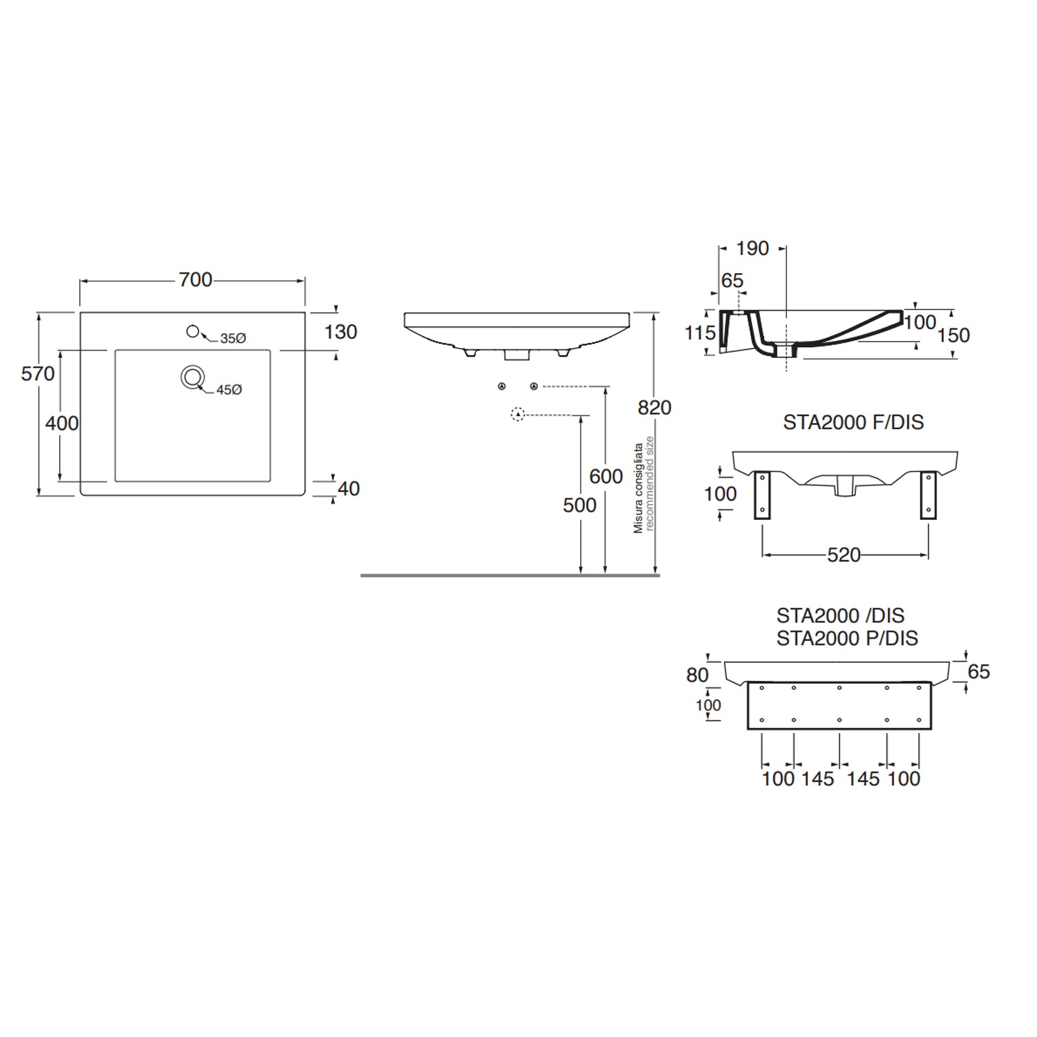 Lavabo sospeso per disabili Azzurra Thin 70x57 cm con apertura frontale e staffe inclinabili – Bianco lucido