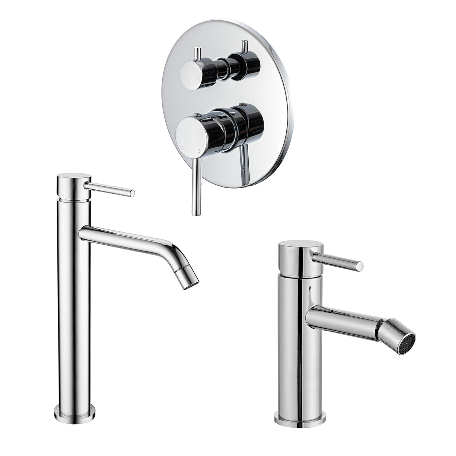 Composizione di miscelatori per lavabo alto, bidet e doccia 3 vie con easy box Moon in ottone cromato by CeramicStore | Lo specialista del tuo bagno