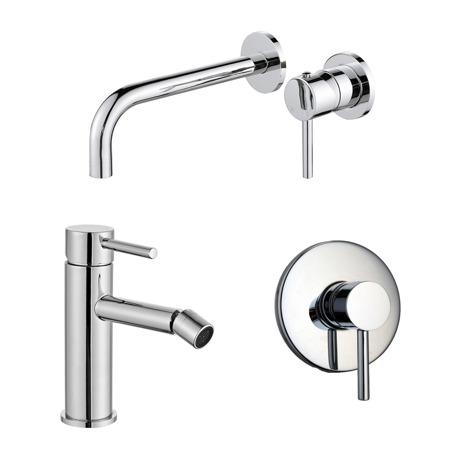 Composizione di miscelatori per lavabo incasso easy box squadrato, bidet e doccia tre vie tondo in ottone cromato Lumix