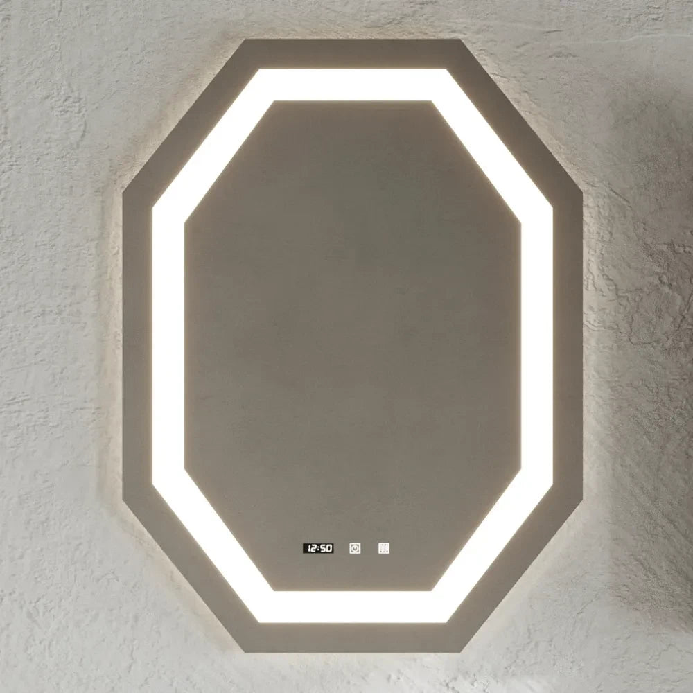 Specchio touch ottagonale retroilluminato LED con orologio e anti-appannamento Cubi&Co 75x100 cm by CeramicStore | Lo specialista del tuo bagno