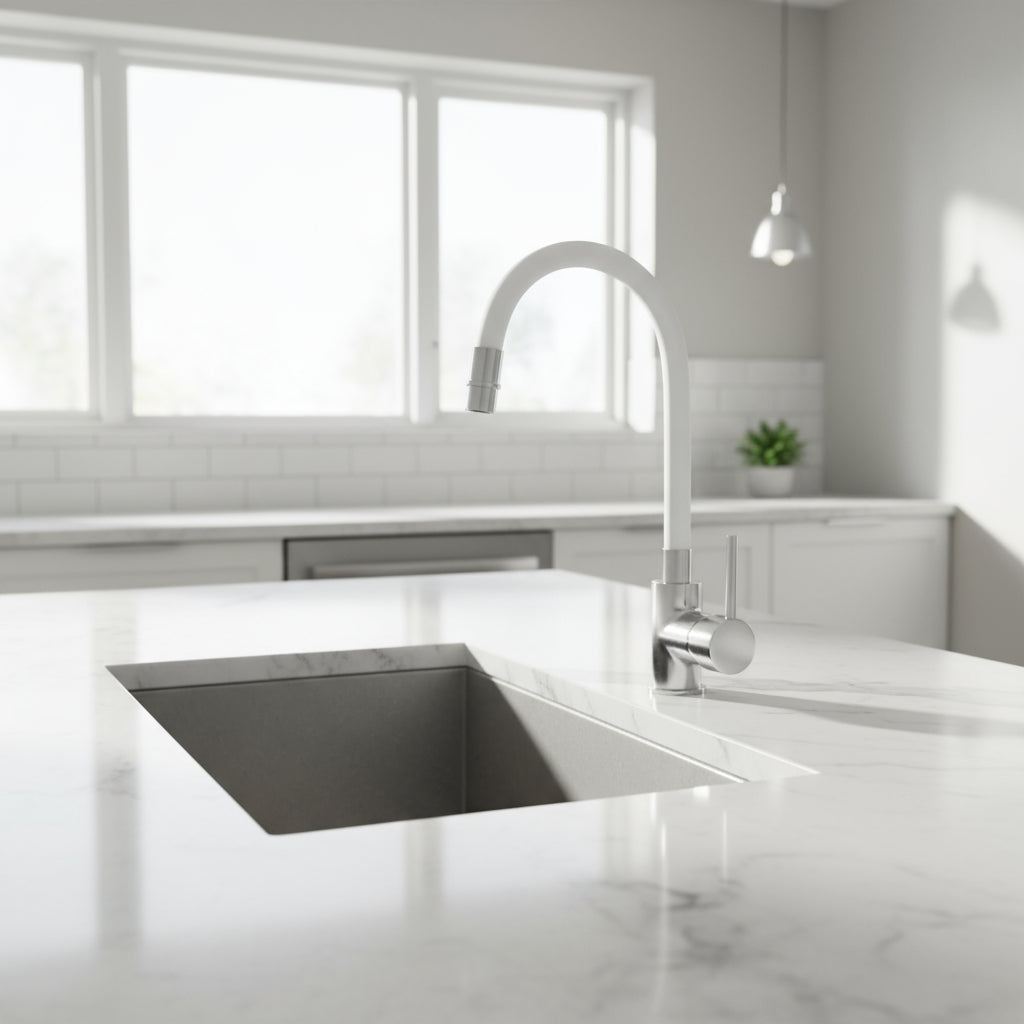 Miscelatore cucina in ottone cromato con canna snodata bianca Keller Taps by CeramicStore | Lo specialista del tuo bagno