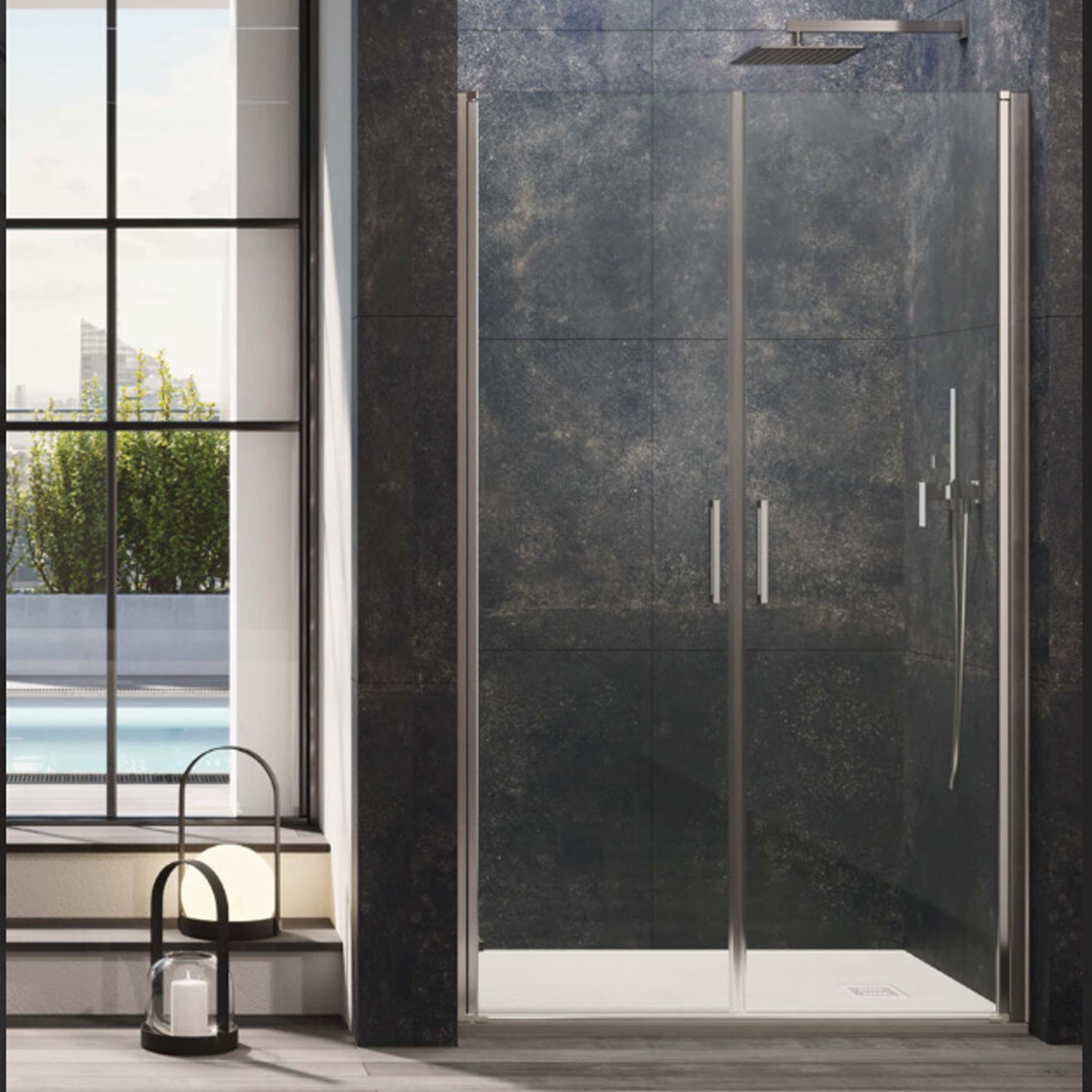 Porta doccia Ermes apertura saloon da 65 cm cristallo trasparente 6 mm temperato by CeramicStore | Lo specialista del tuo bagno