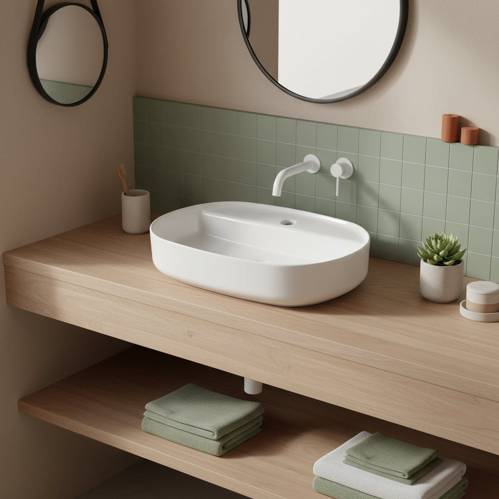 Lavabo d'appoggio ovale con foro BathCore serie Infinity 60x40 color Bianco Lucido