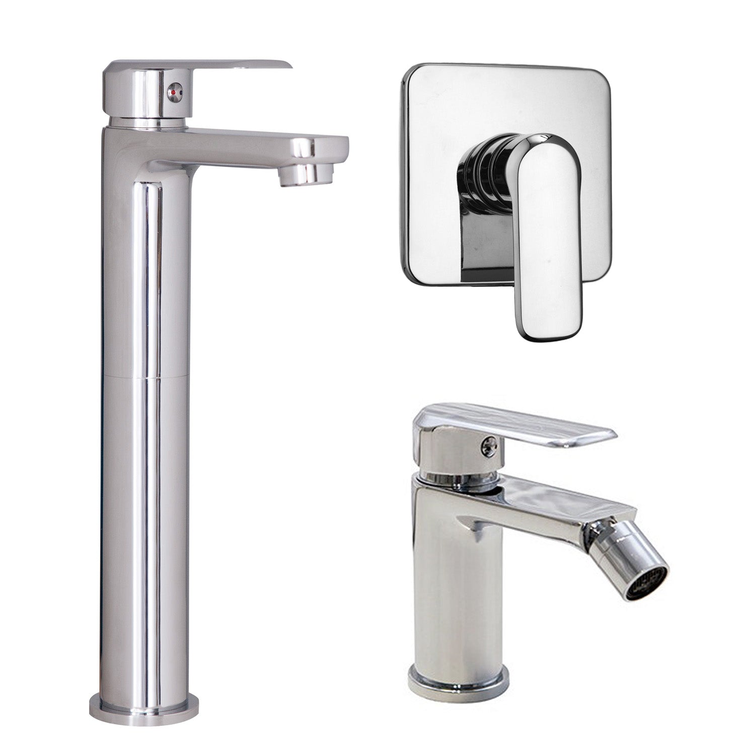 Composizione di miscelatori per lavabo alto, bidet e doccia una via quadro Hopper in ottone cromato by CeramicStore | Lo specialista del tuo bagno