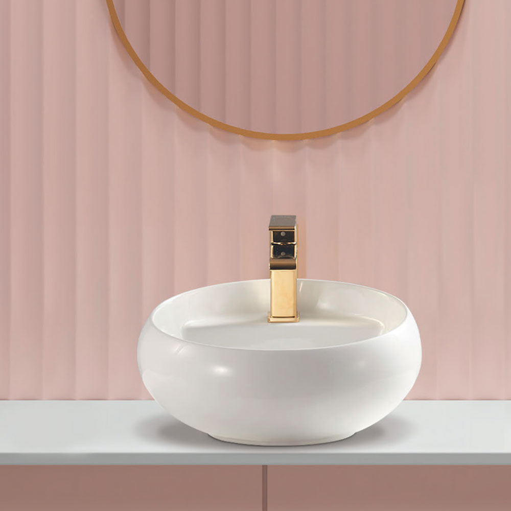 Lavabo da appoggio Rotondo diametro 43 cm Bianco Lucido Ceramica Althea collezione NEK con foro rubinetto