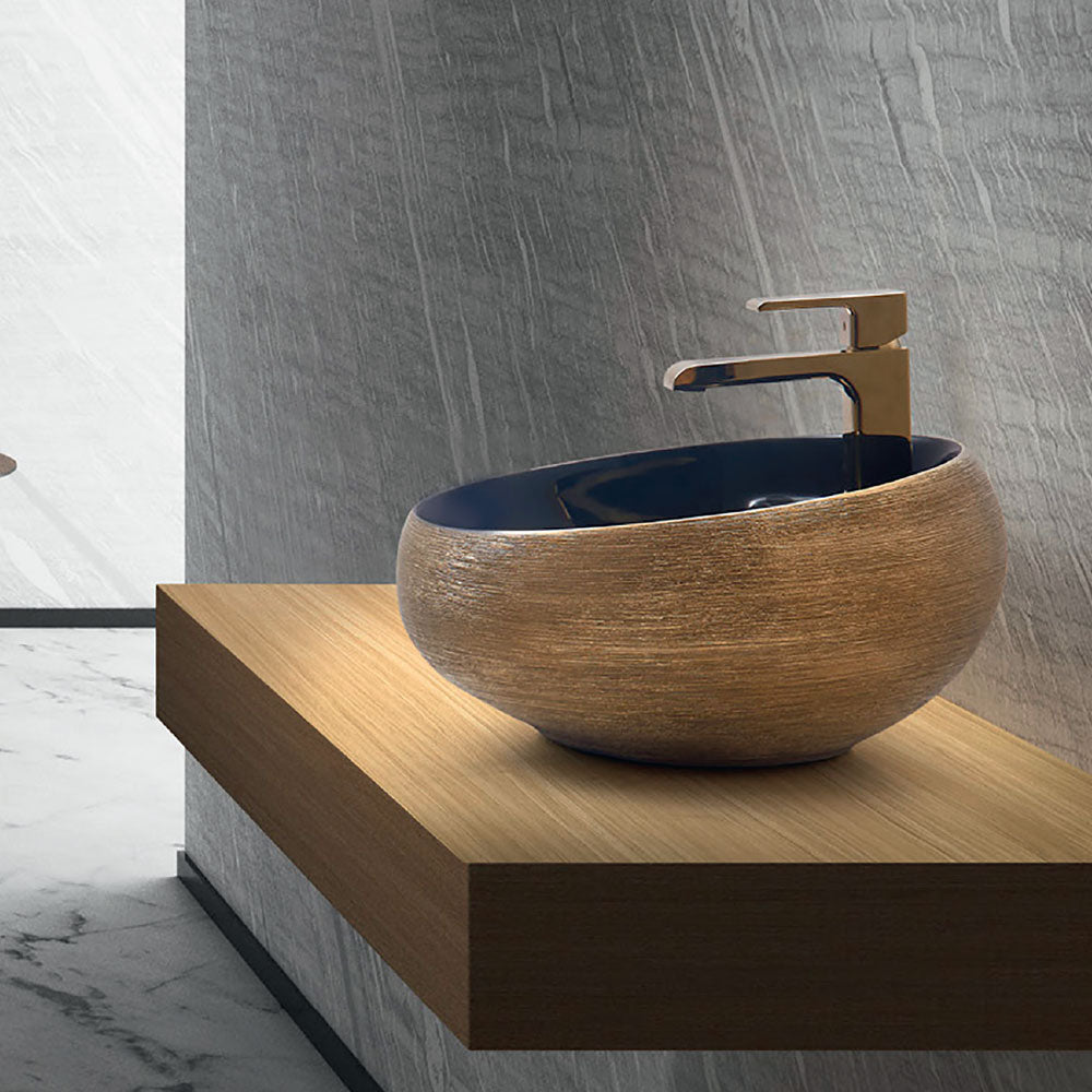 Lavabo da appoggio in ceramica Effetto Metal Luxury diametro 43 cm esterno Oro e interno Nero lucido Althea NEK con piletta inclusa