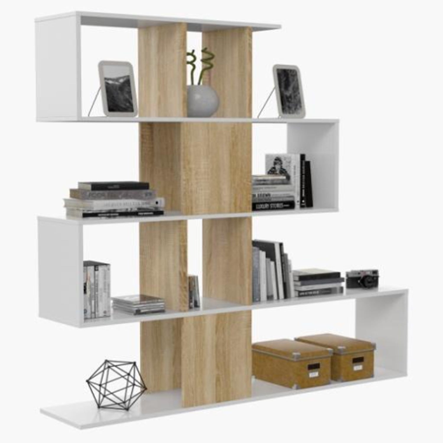 Libreria serie Zig Zag con 4 ripiani 145 x 29 x H. 145 cm - Bianco Lucido e Rovere Canadian by CeramicStore | Lo specialista del tuo bagno