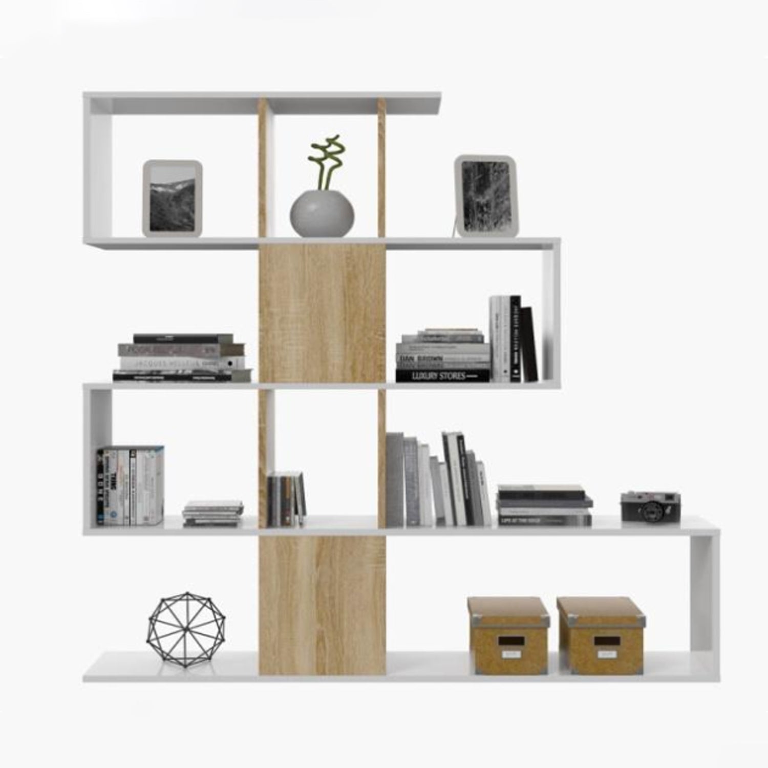 Libreria serie Zig Zag con 4 ripiani 145 x 29 x H. 145 cm - Bianco Lucido e Rovere Canadian by CeramicStore | Lo specialista del tuo bagno