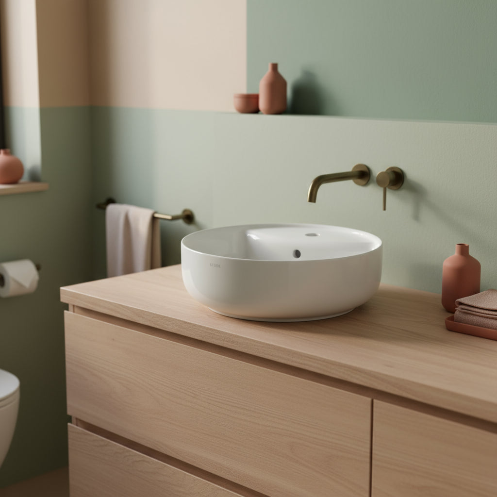 Lavabo rotondo da appoggio Koi à¸42x14 cm Ceramica Globo con foro rubinetteria - Bianco lucido