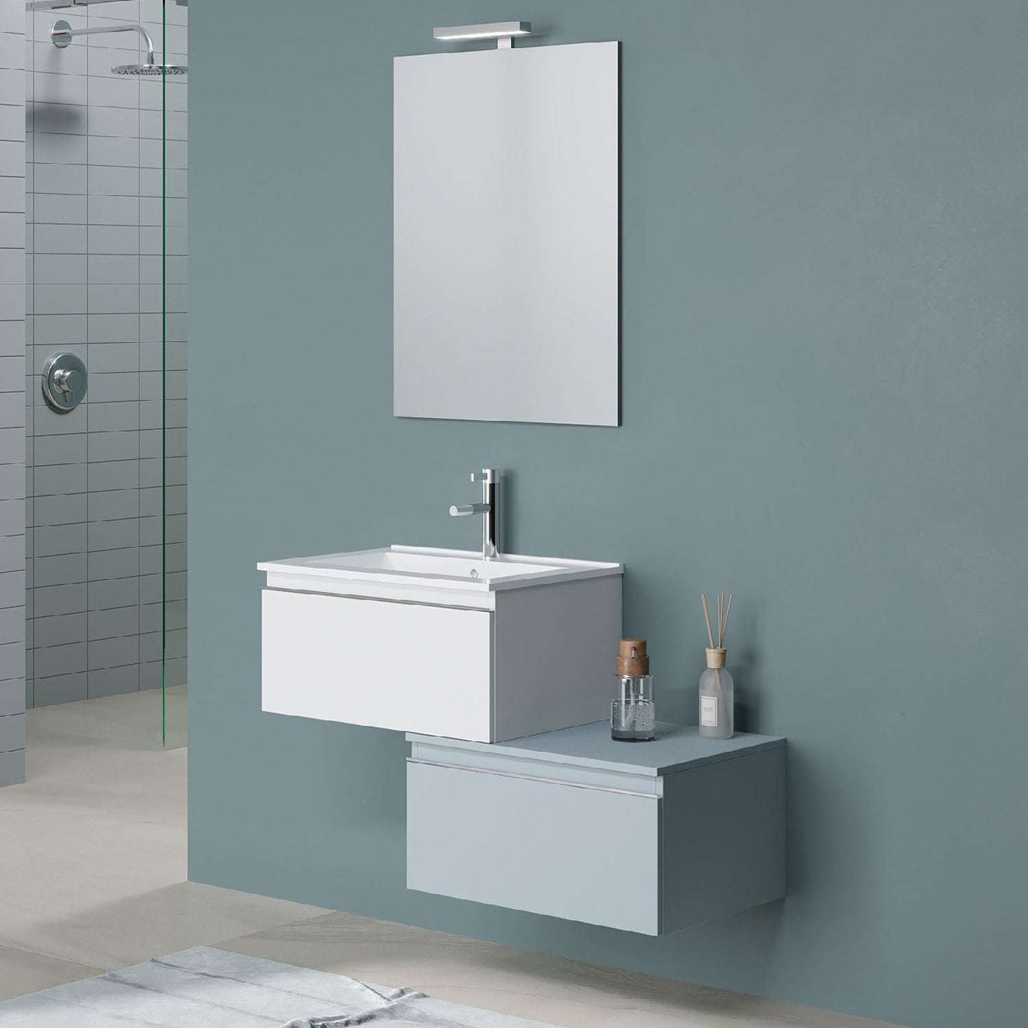 Mobile bagno sospeso a due cassetti con lavabo, specchio e luce led cm 60 Bianco e Blu Pastello Opaco - Cubi&Co modello Incanto 2 by CeramicStore | Lo specialista del tuo bagno