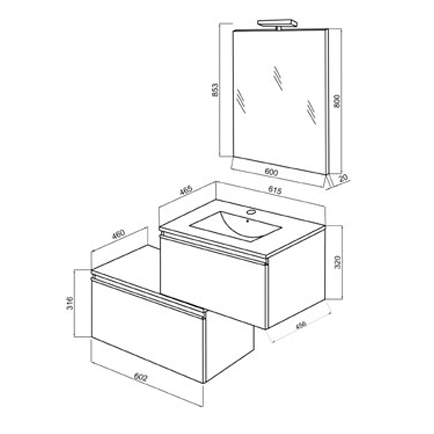 Mobile bagno sospeso a due cassetti con lavabo, specchio e luce led cm 60 Bianco e Blu Pastello Opaco - Cubi&Co modello Incanto 2 by CeramicStore | Lo specialista del tuo bagno