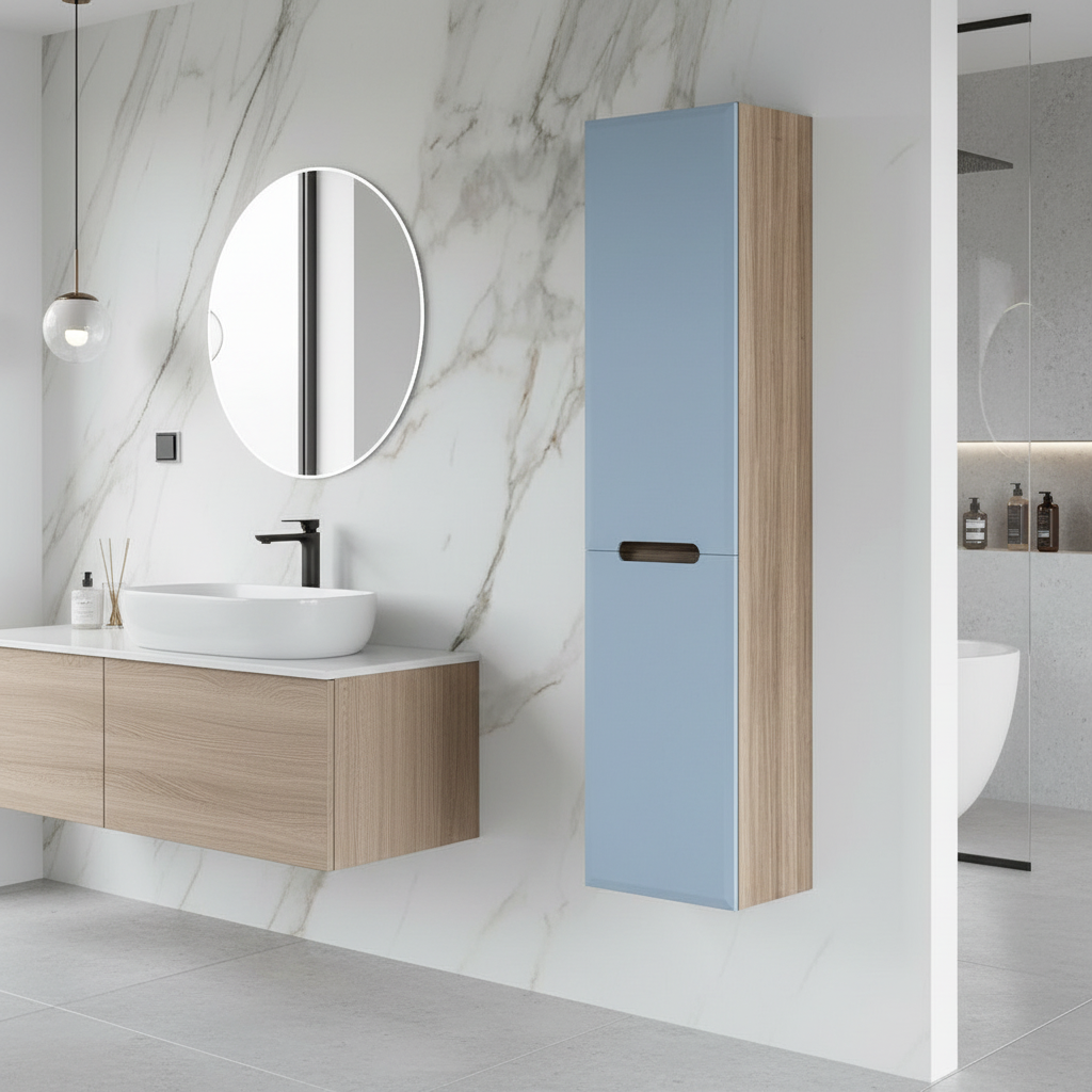 Colonna bagno a due ante color Blu pastello Opaco e Rovere Fumo - Fluid