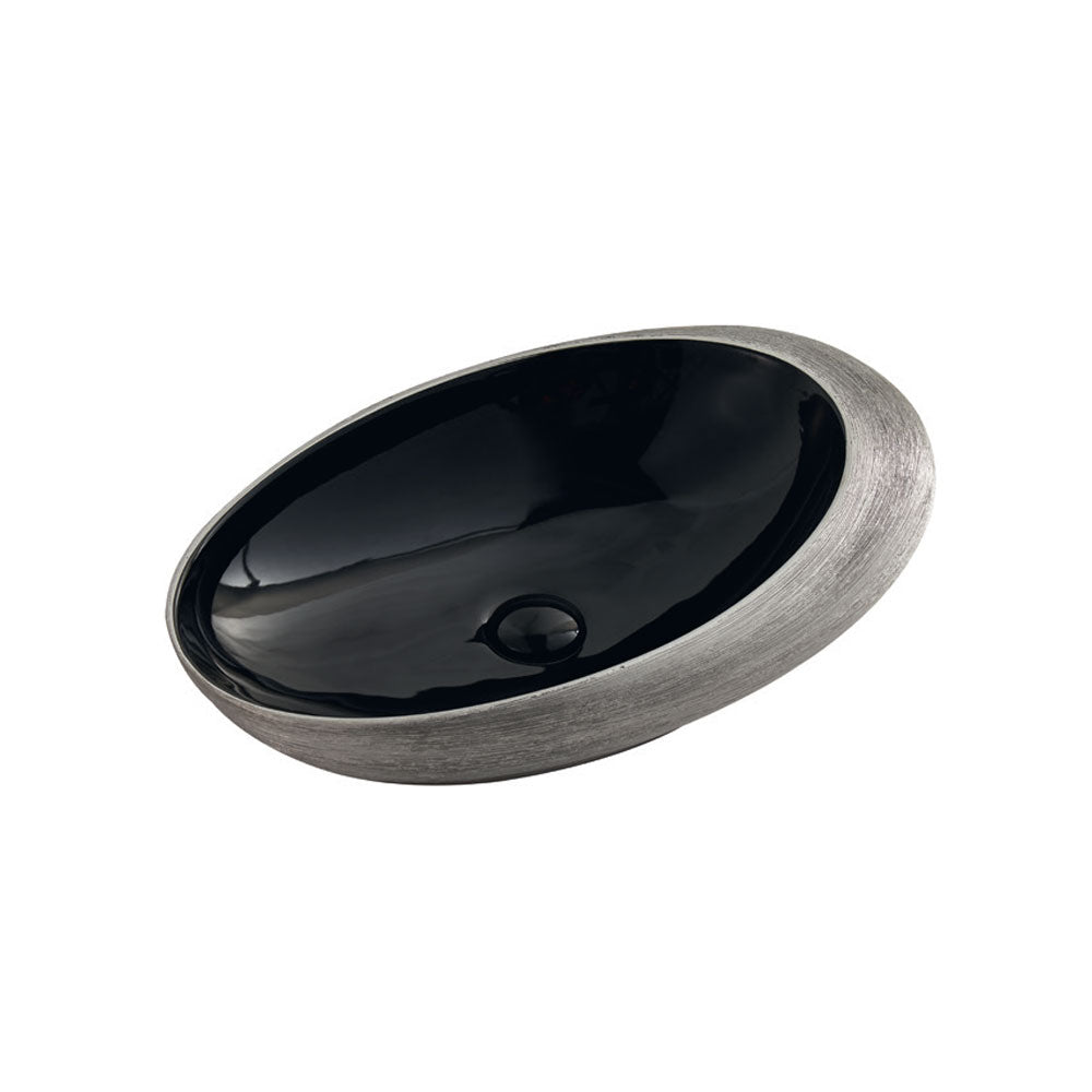 Lavabo da appoggio in ceramica Effetto Metal Luxury 59x38 cm esterno Argento e interno Nero lucido Althea GRIP con piletta inclusa