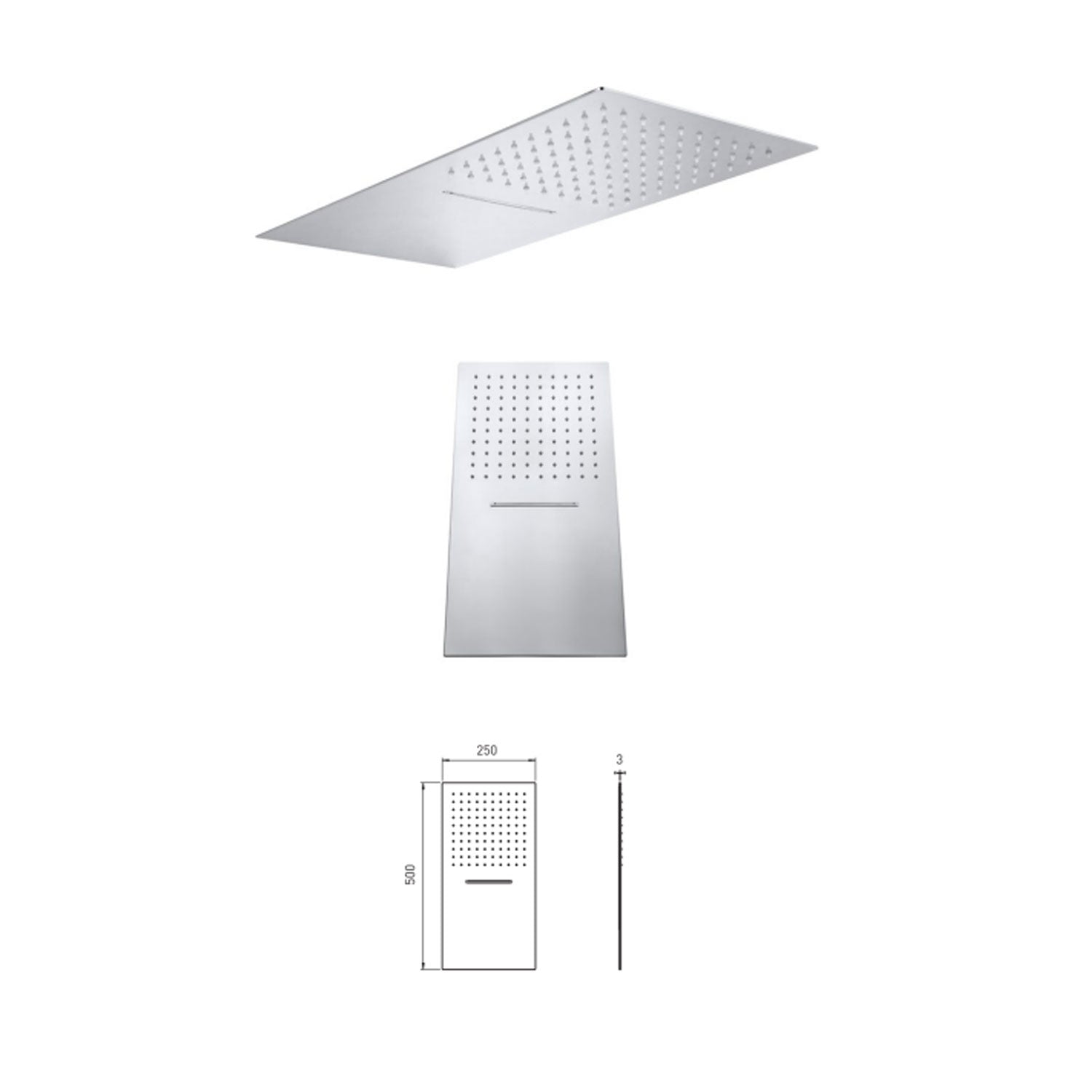 Soffione doccia rettangolare in acciaio inox ultrapiatto con getto a pioggia e cascata serie Oscar Keller Taps by CeramicStore | Lo specialista del tuo bagno