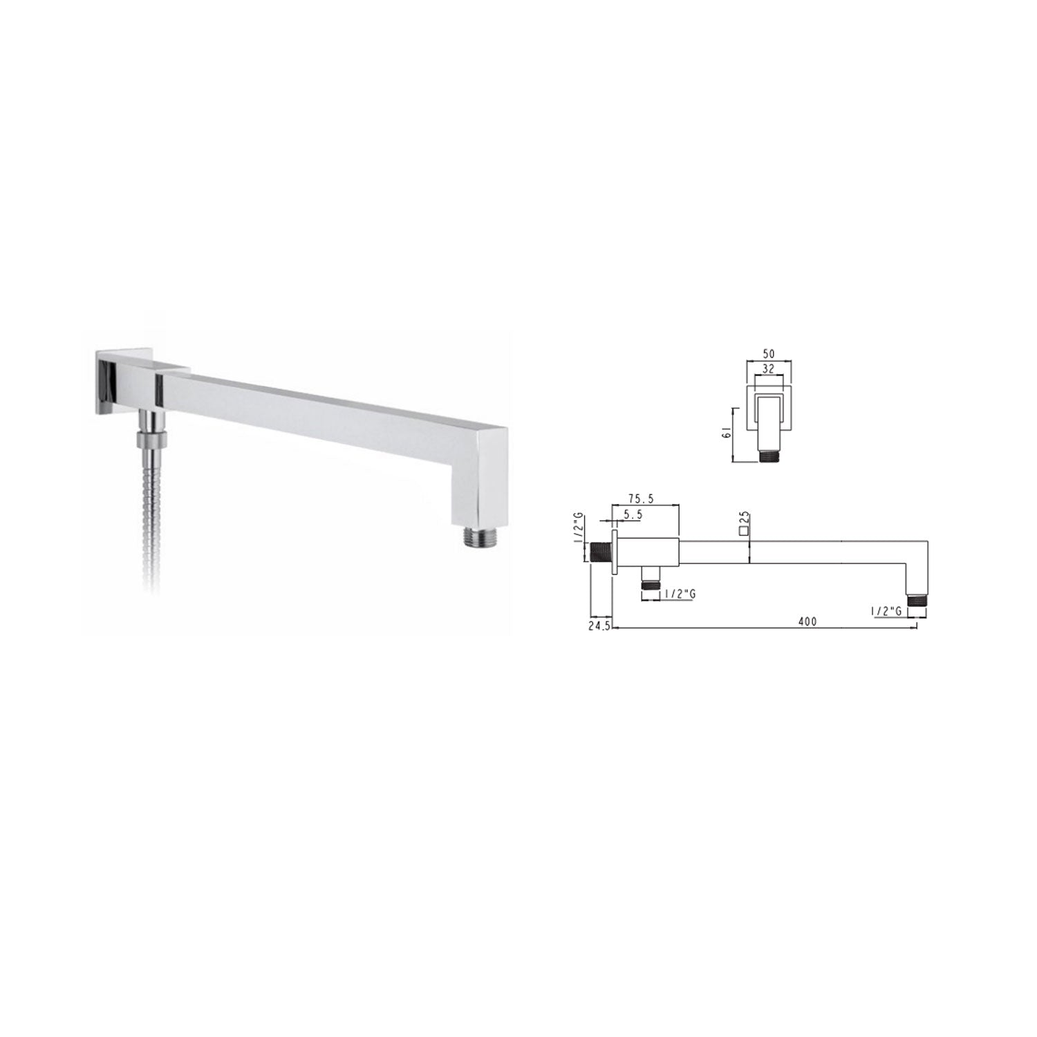 Braccio quadrato per doccia con deviatore in ottone cromato Keller Taps by CeramicStore | Lo specialista del tuo bagno