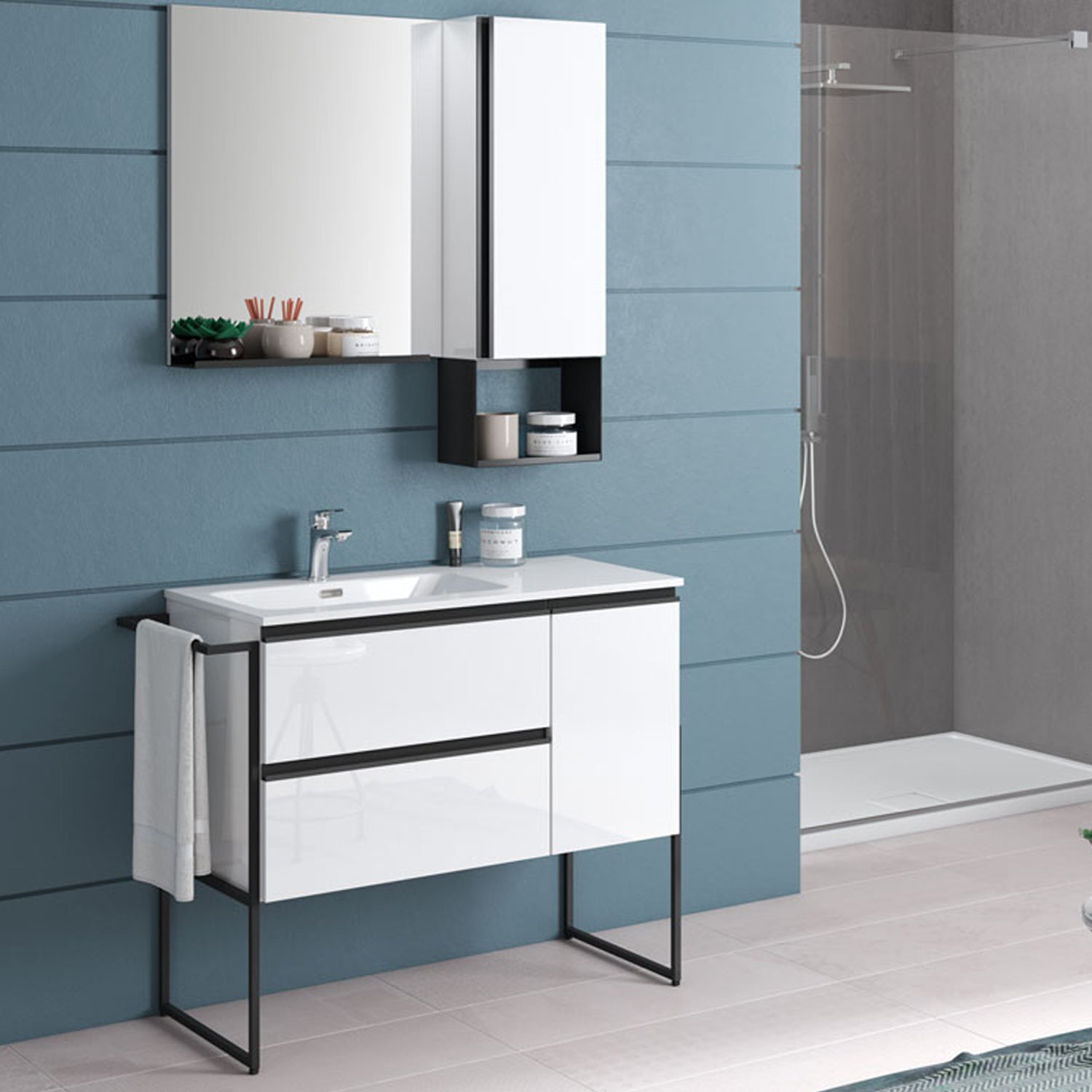 Composizione di mobili bagno con lavabo, pensile e specchio modello York08 100x46x190h cm Bianco Lucido by CeramicStore | Lo specialista del tuo bagno