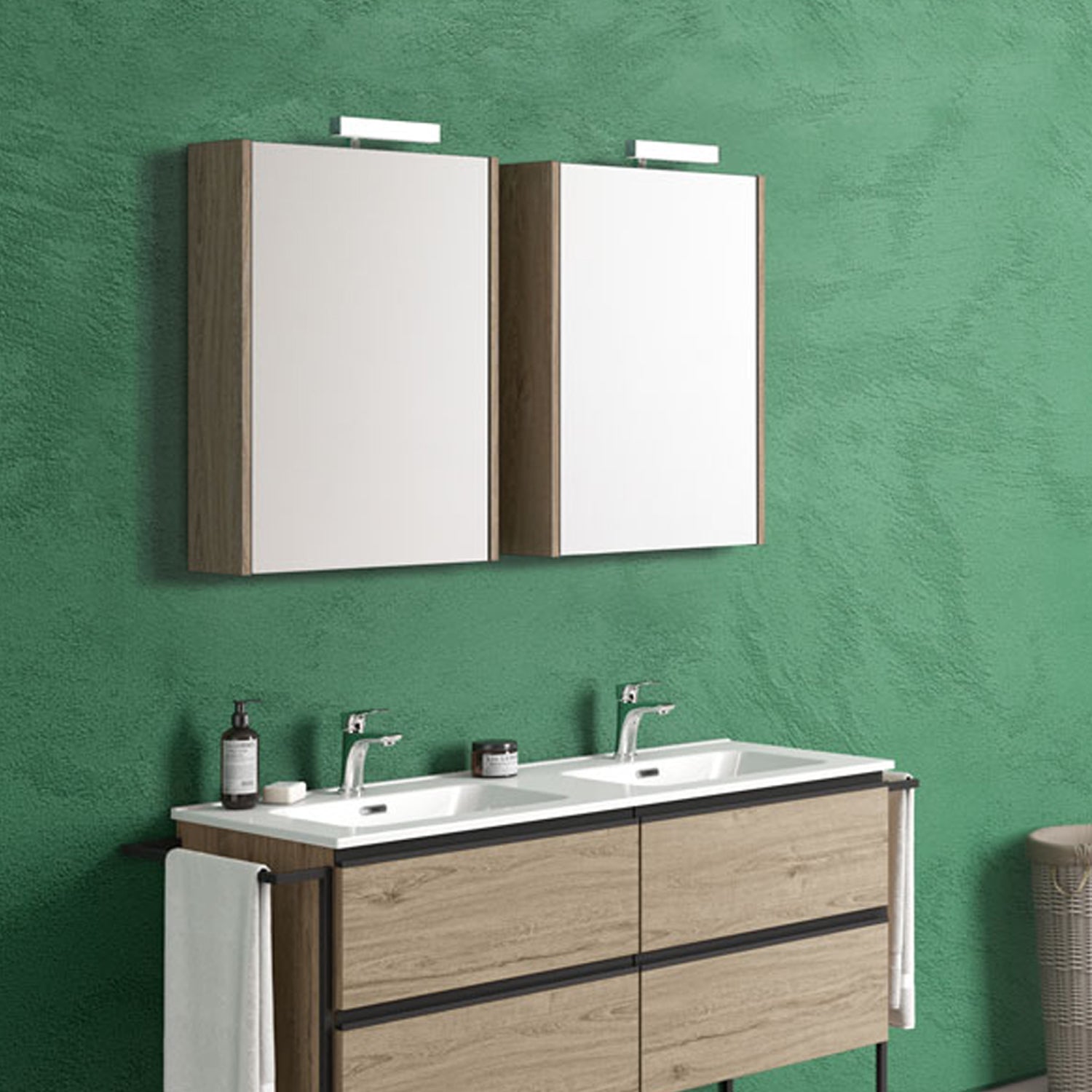Composizione di mobili bagno con doppio lavabo e specchi contenitivi illuminati modello York10 140 cm Rovere Nabucco by CeramicStore | Lo specialista del tuo bagno
