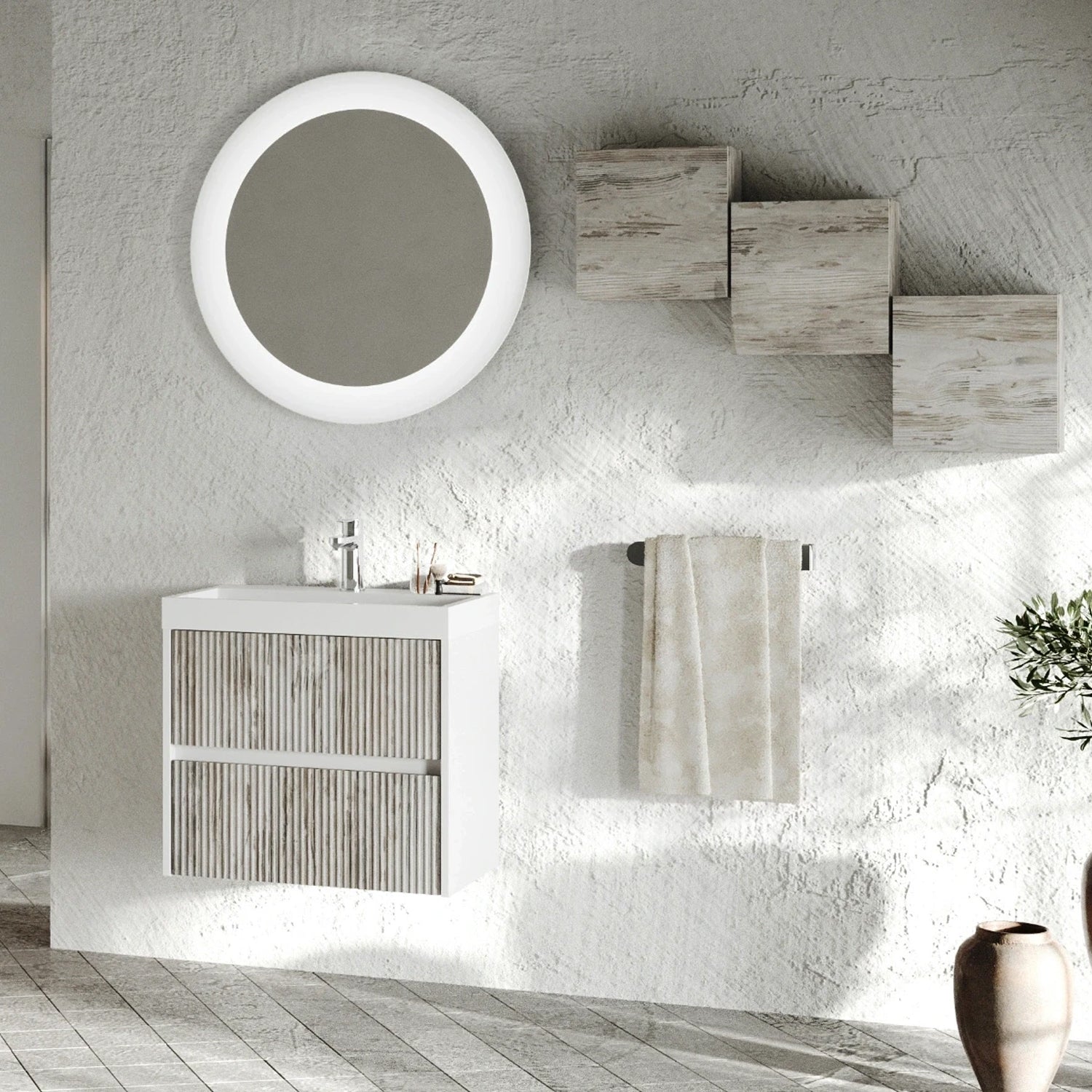 Mobile bagno sospeso cannettato con lavabo e specchio tondo cm 60 colore grigio antico - Cubi&Co Collezione Pure by CeramicStore | Lo specialista del tuo bagno