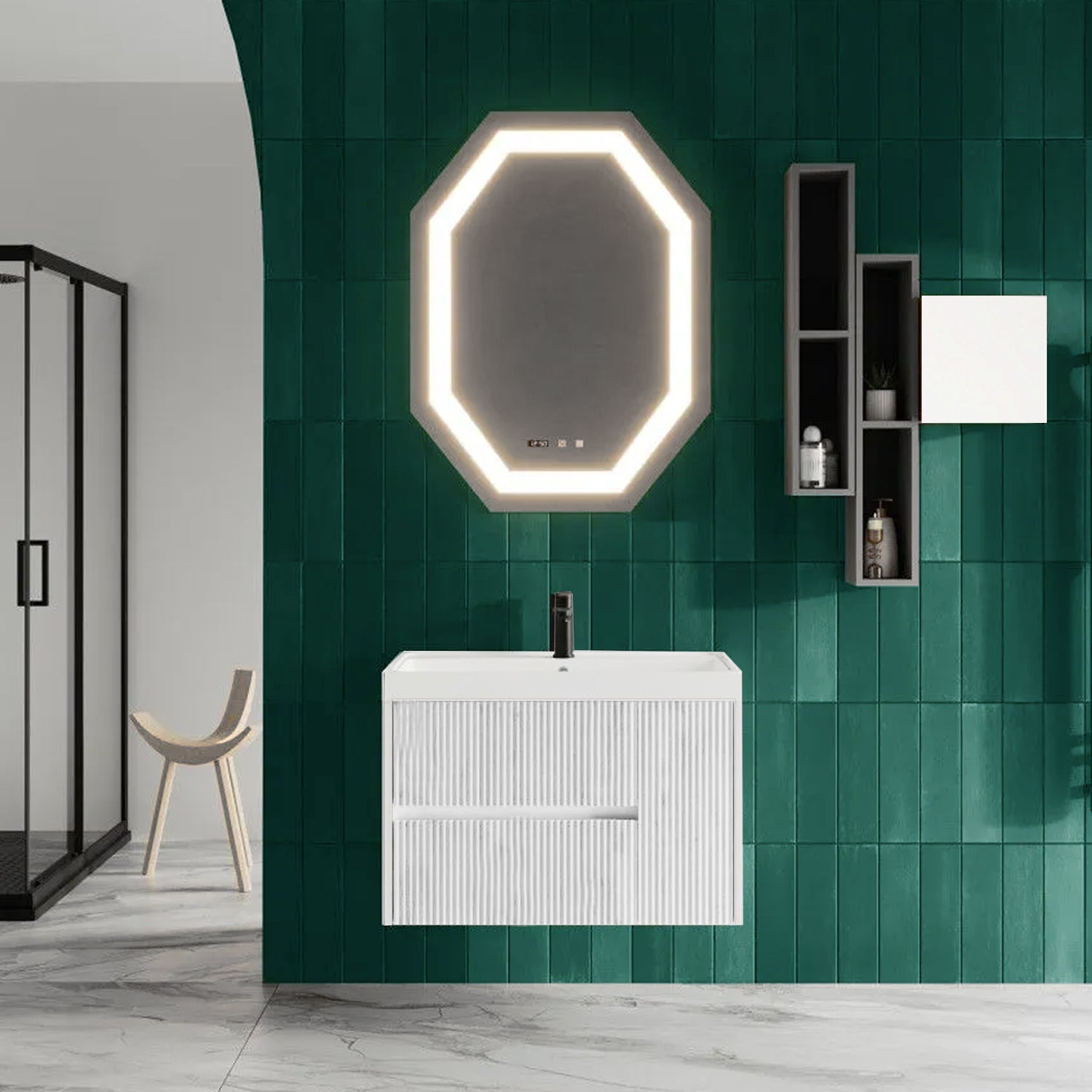 Mobile bagno sospeso cannettato con lavabo e specchio ottagonale cm 80 colore bianco opaco - Cubi&Co Collezione Pure by CeramicStore | Lo specialista del tuo bagno
