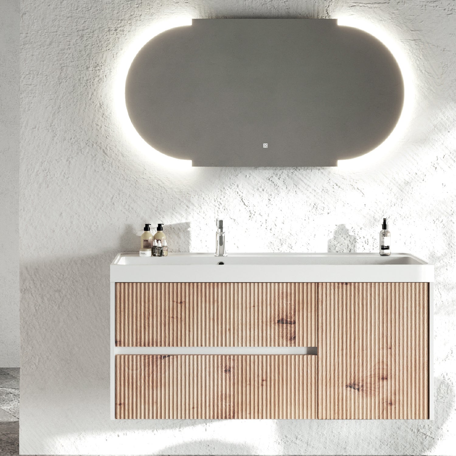 Mobile bagno sospeso cannettato con lavabo e specchio ovale cm 120 colore rovere oro - Cubi&Co Collezione Pure by CeramicStore | Lo specialista del tuo bagno