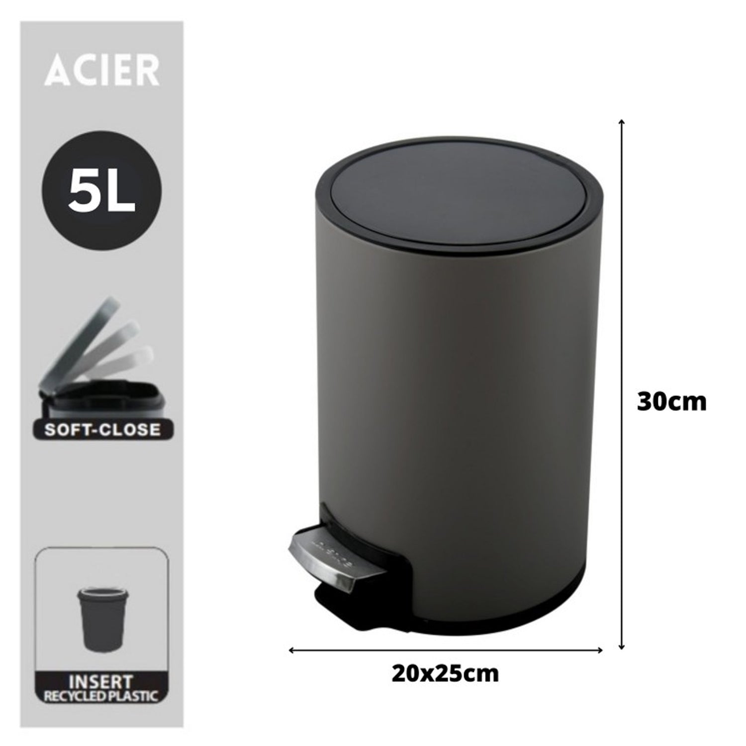 Pattumiera a pedale da 5L modello Riku in Acciaio Inox - Grigio Opaco by CeramicStore | Lo specialista del tuo bagno