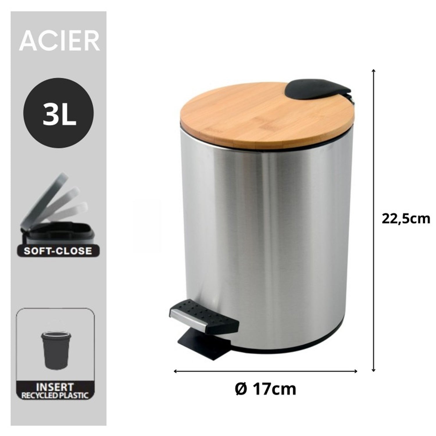 Pattumiera a pedale 3L in Acciaio e Bamb๠modello Adonis - Spazzolato by CeramicStore | Lo specialista del tuo bagno