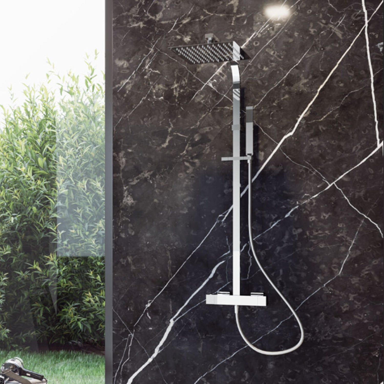 Colonna Doccia Squadrata soffione quadrato cm in acciaio inox ultra slim e miscelatore termostatico a 2 vie by CeramicStore | Lo specialista del tuo bagno