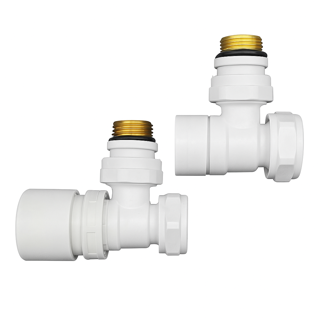 Kit valvola termostatizzabile e detentore a squadra 3/4۪۪ EK con adattatori multistrato 16x2 mm e adattatore rame - Lazzarini by CeramicStore | Lo specialista del tuo bagno