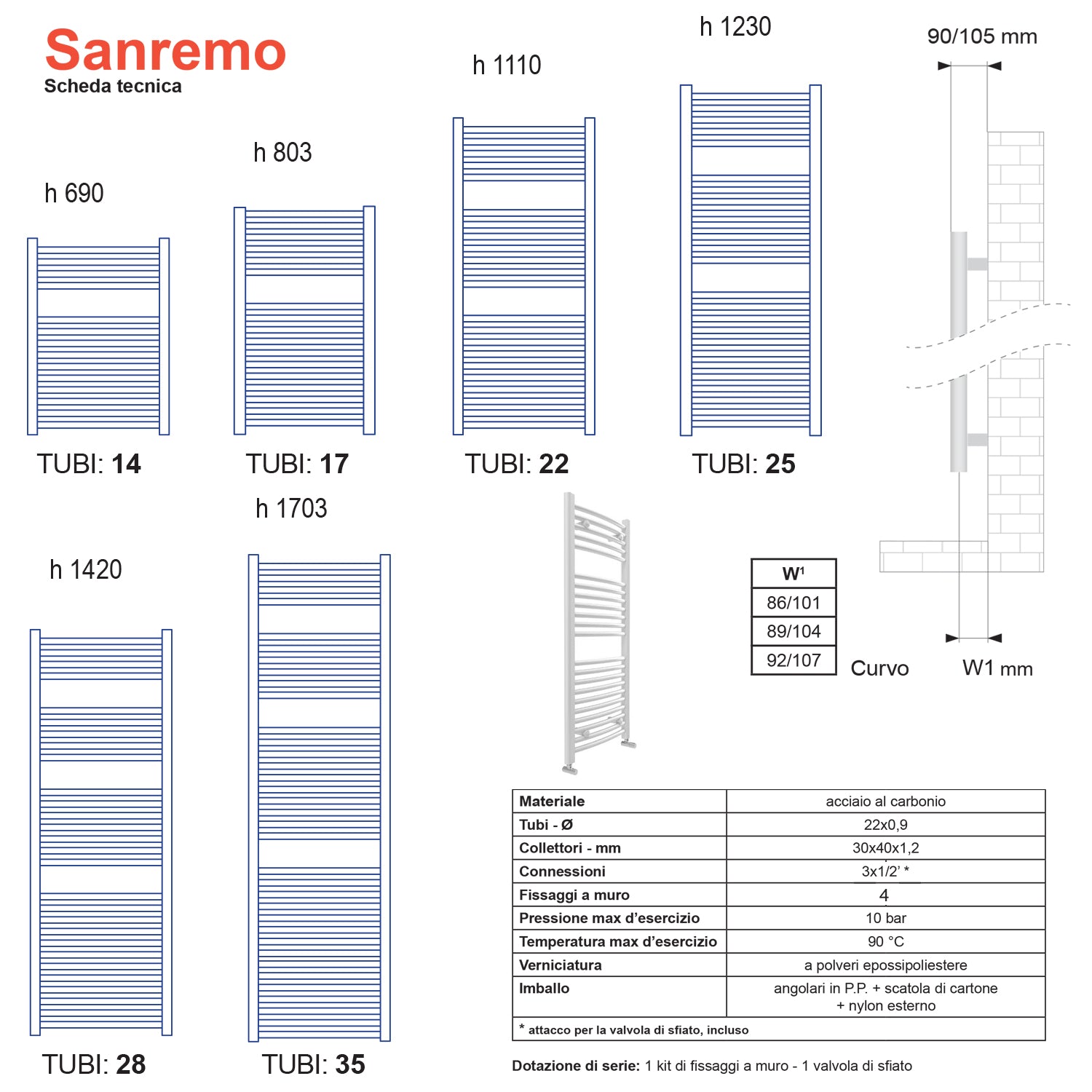 Termoarredo Lazzarini Sanremo curvo 1703x500 interasse 450 cromo by CeramicStore | Lo specialista del tuo bagno