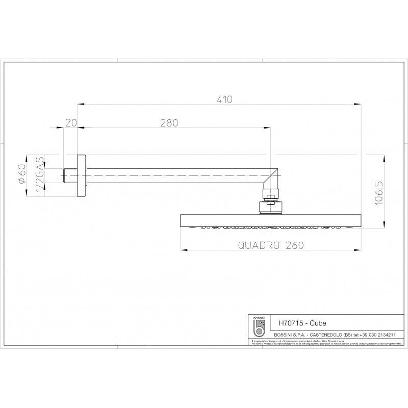 Soffione doccia quadrato Bossini CUBE 26x26 cm completo di braccio by CeramicStore | Lo specialista del tuo bagno