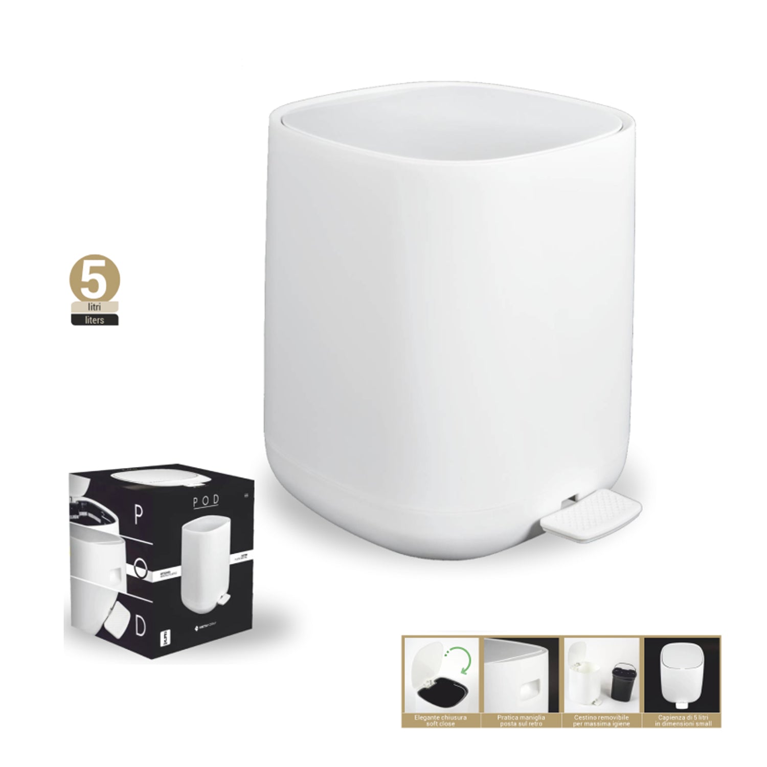 Cestino Gettacarta POD Bianco capienza di 5 litri con chiusura Soft Close e maniglia sul retro by CeramicStore | Lo specialista del tuo bagno