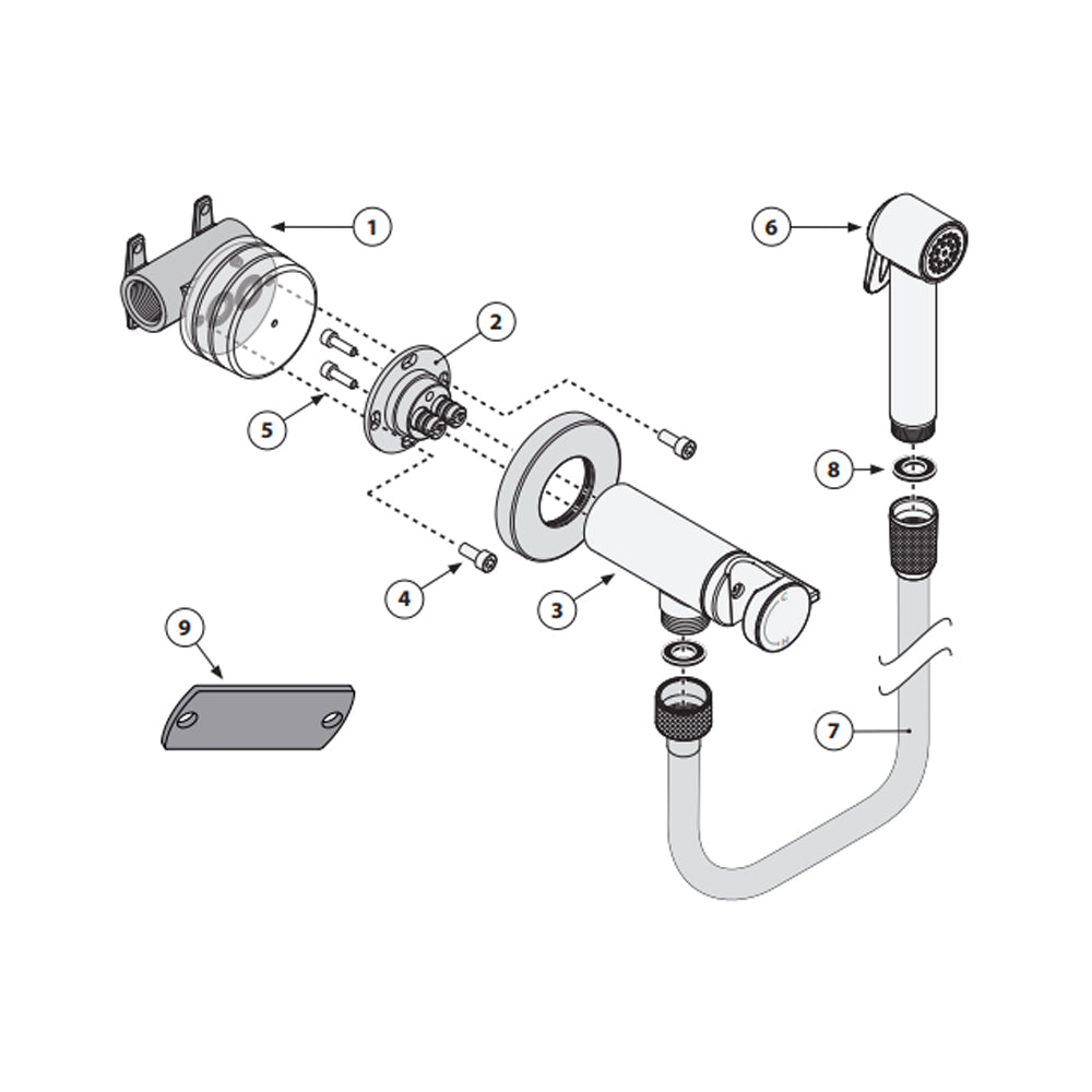 Kit miscelatore monocomando 1 via, placca murale, supporto doccia e doccino Paloma in Abs con flessibile in ottone by CeramicStore | Lo specialista del tuo bagno