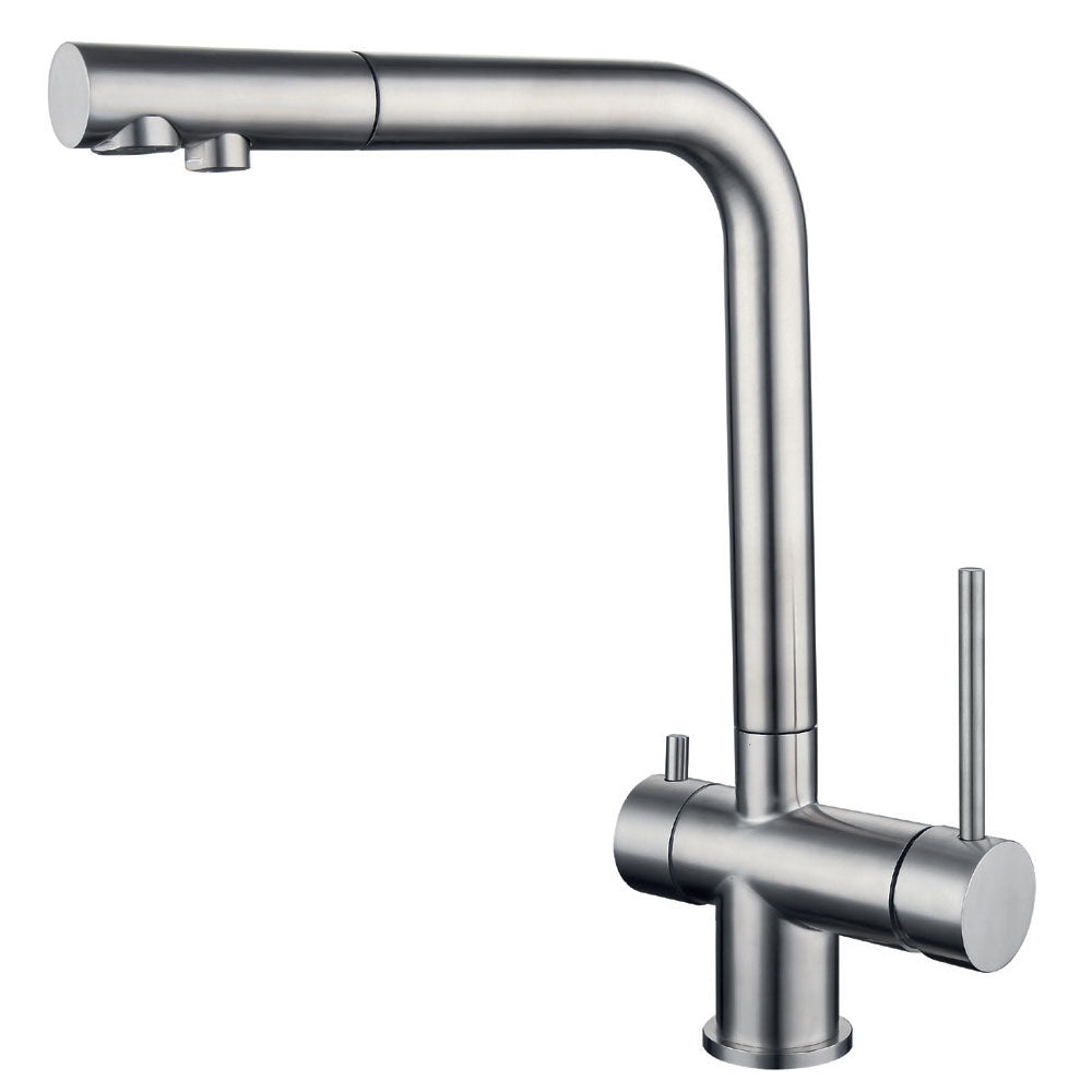 Miscelatore lavello cucina a tre vie con canna dritta in acciaio inox satinato collegabile ad impianti di filtrazione o depurazione by CeramicStore | Lo specialista del tuo bagno