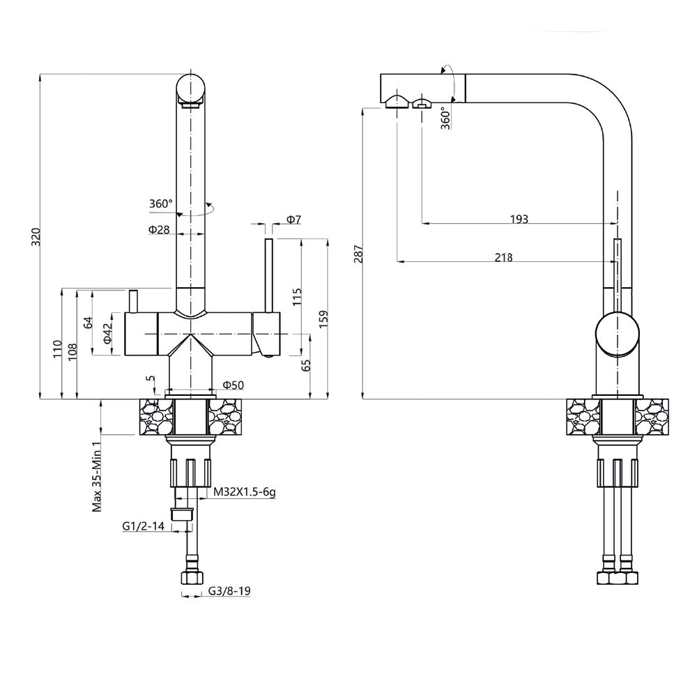 Miscelatore lavello cucina a tre vie con canna dritta in acciaio inox satinato collegabile ad impianti di filtrazione o depurazione by CeramicStore | Lo specialista del tuo bagno