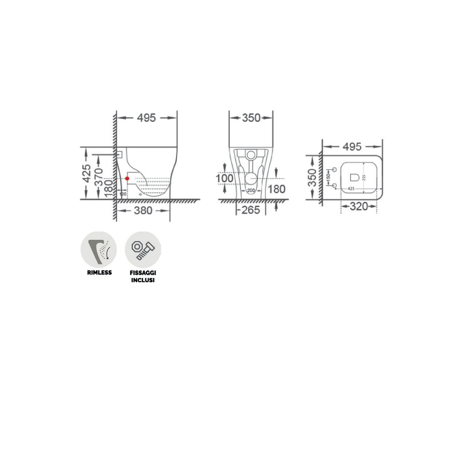 Sanitari filomuro BathCore modello Tuono con sedile SoftClose 49.5x36 H. 42.5 cm - Bianco lucido