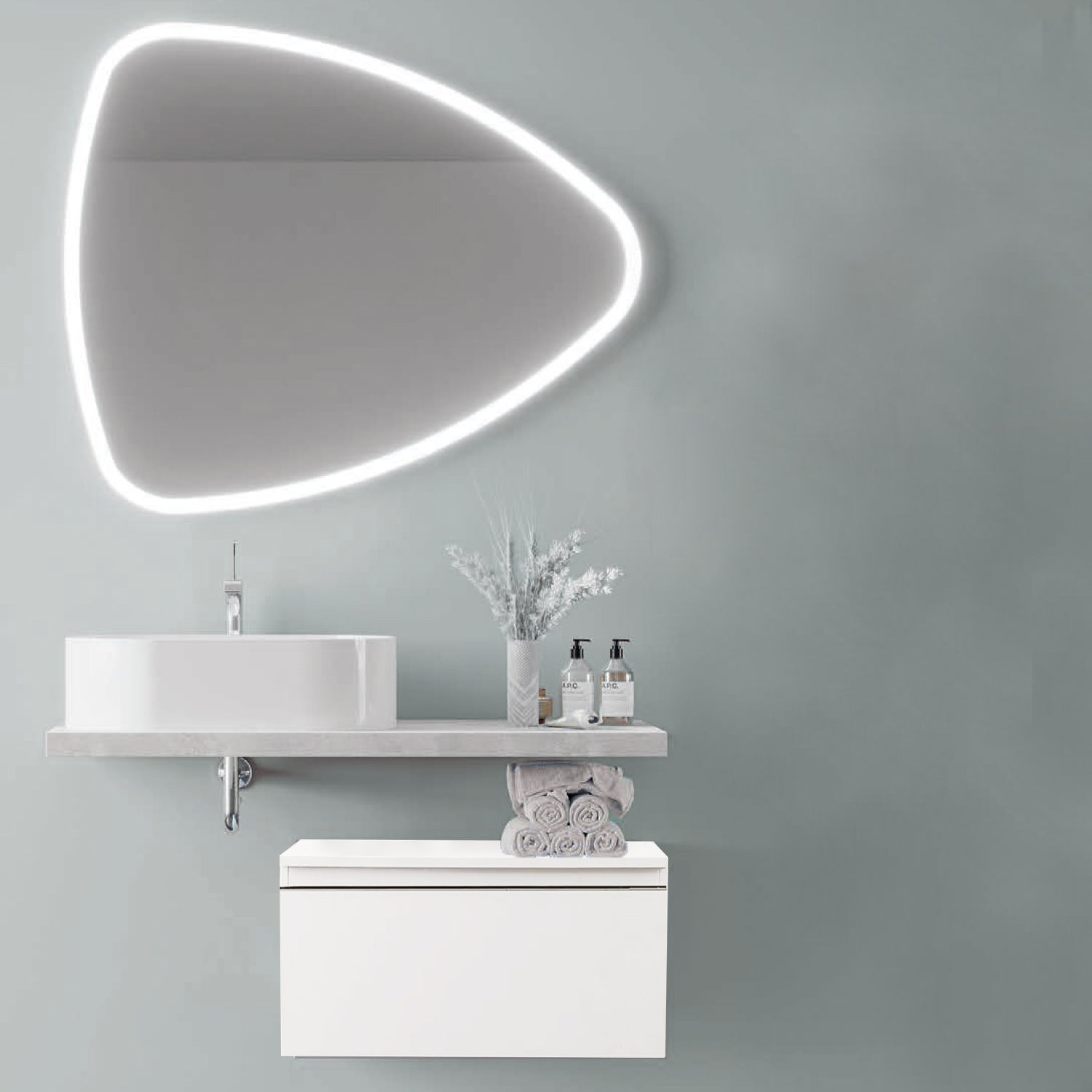 Composizione Bagno 100 cm Beton con Lavabo d€™Appoggio e Specchio LED - Cassetto Bianco Lucido Cubi&Co Destiny 3 by CeramicStore | Lo specialista del tuo bagno