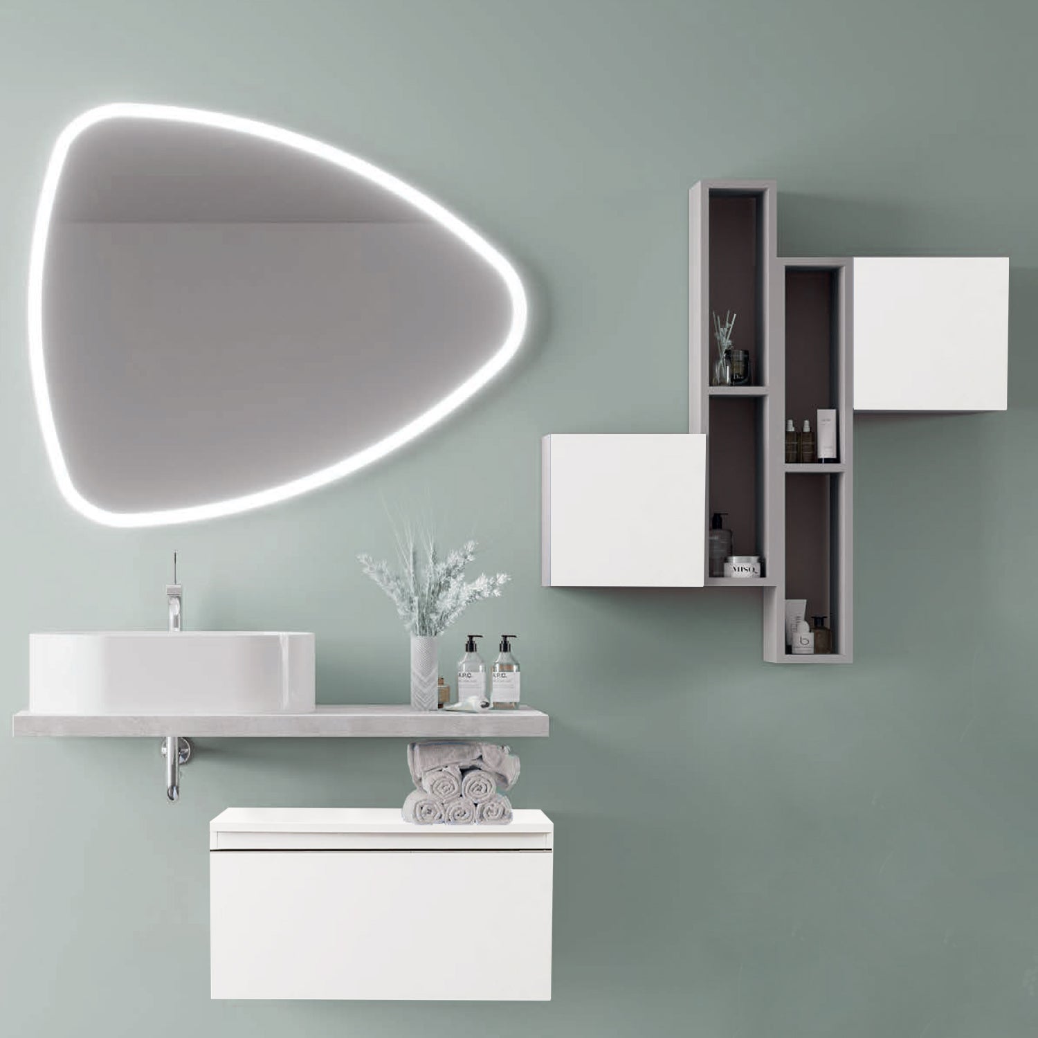 Composizione Bagno 100 cm Beton con Lavabo d€™Appoggio e Specchio LED - Cassetto Bianco Lucido Cubi&Co Destiny 3 by CeramicStore | Lo specialista del tuo bagno