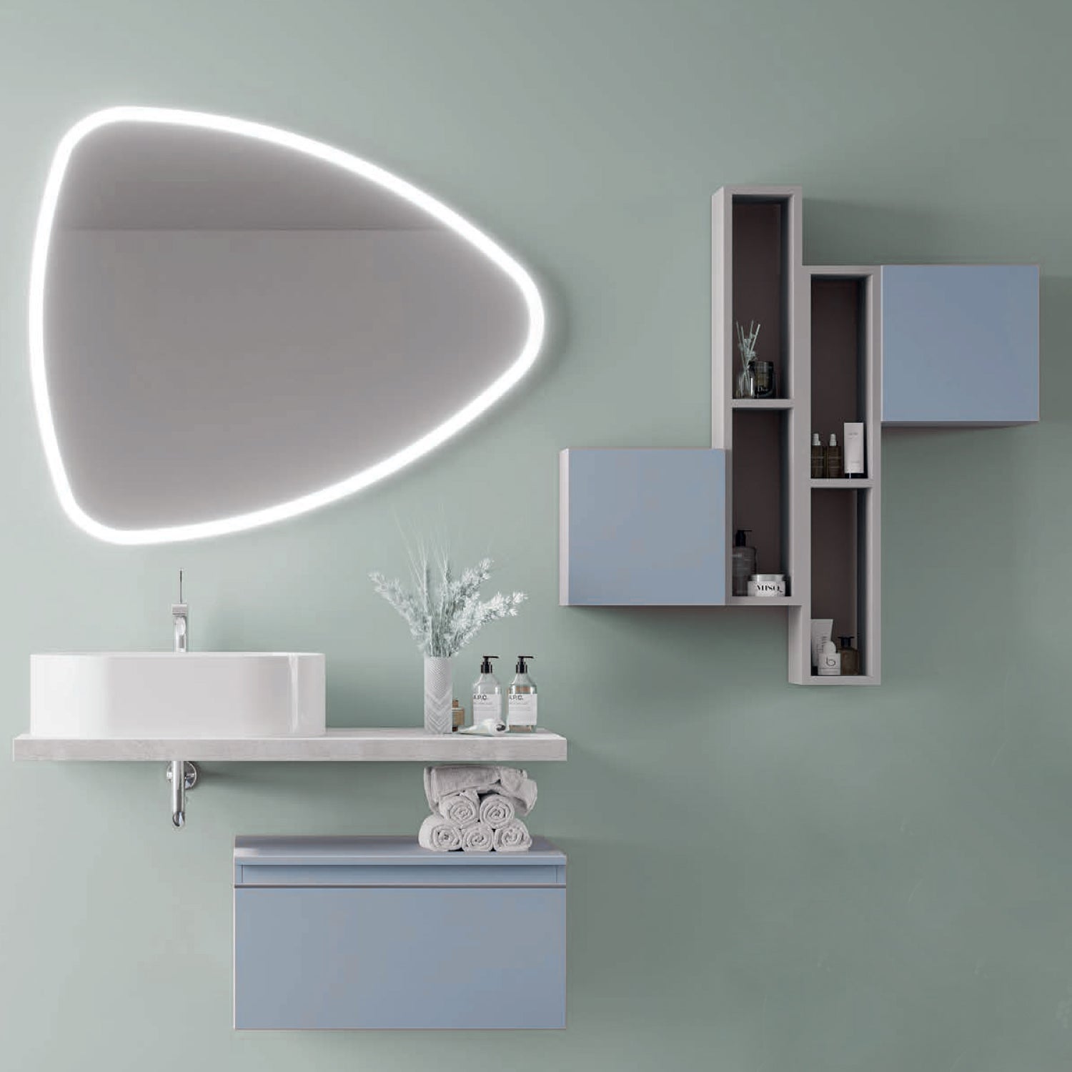 Composizione Bagno 100 cm Rovere fossile con Lavabo d€™Appoggio e Specchio LED - Cassetto Blu Pastello Opaco Cubi&Co Destiny 3 by CeramicStore | Lo specialista del tuo bagno