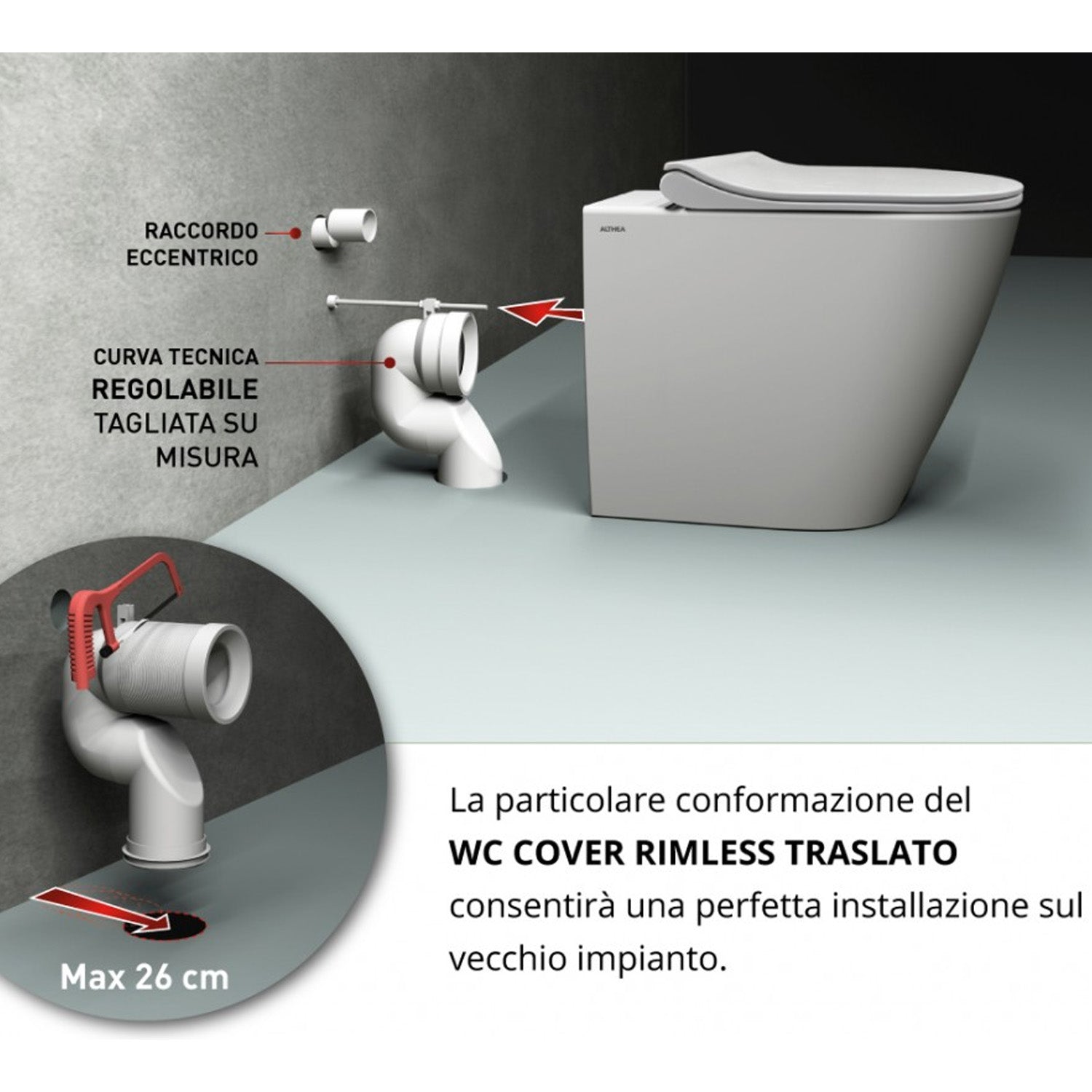 WC filomuro con scarico traslato Althea modello Cover Rimless 56x36 cm Sedile SoftClose