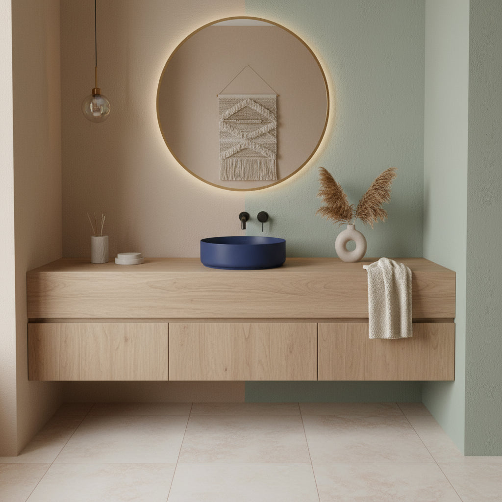 Lavabo d'appoggio tondo senza foro BathCore serie Infinity 36 cm color Blu Opaco