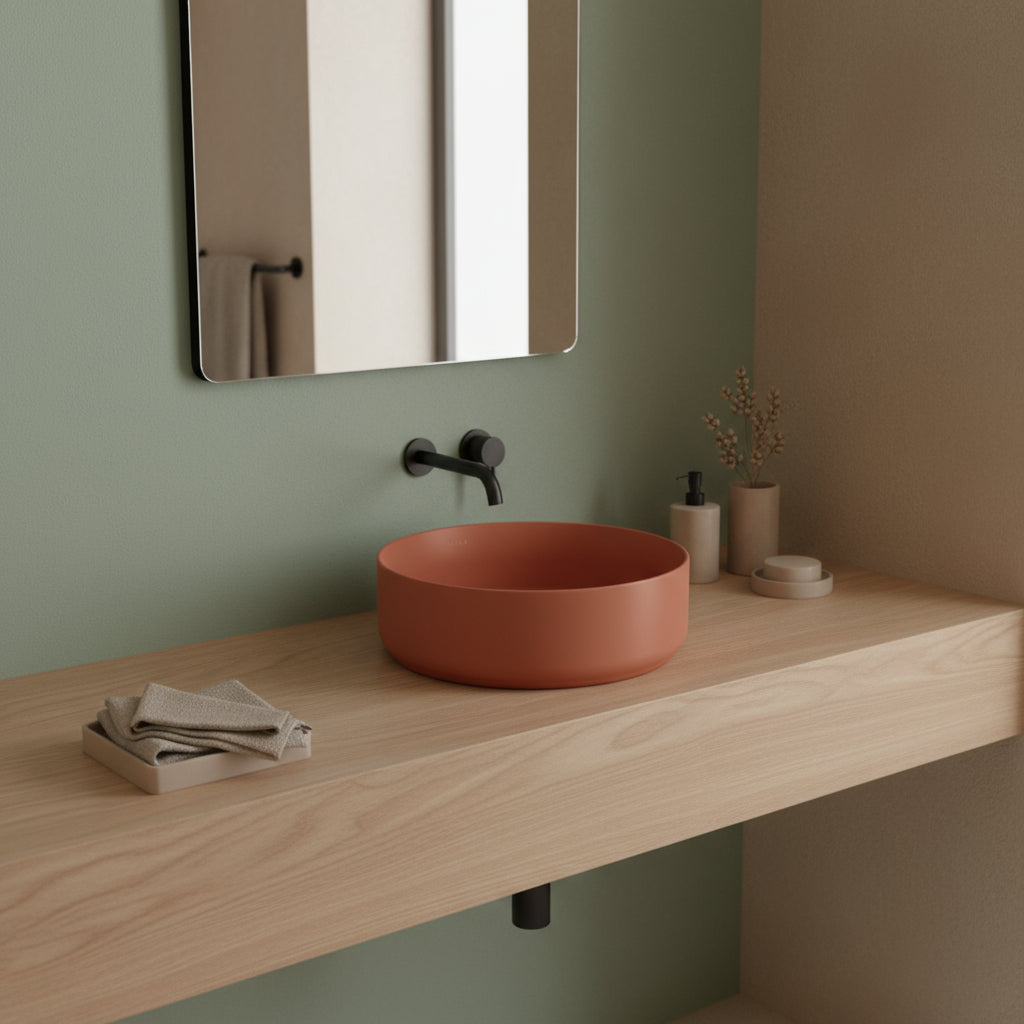 Lavabo d'appoggio tondo senza foro BathCore serie Infinity 36 cm color Terracotta Opaco