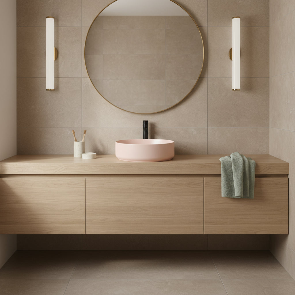 Lavabo d'appoggio tondo senza foro BathCore serie Infinity 36 cm color Salmone Opaco