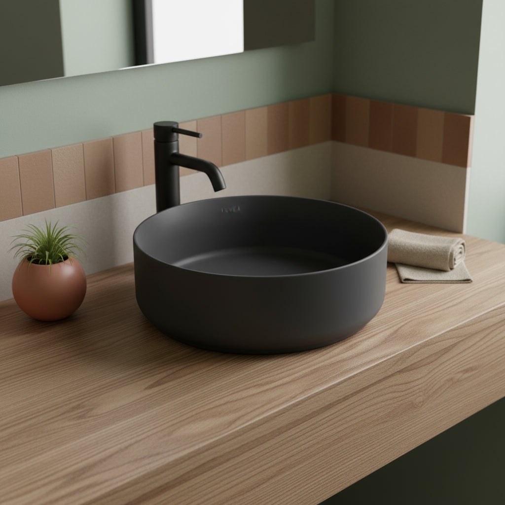 Lavabo d'appoggio tondo senza foro BathCore serie Infinity 36 cm color Antracite Opaco