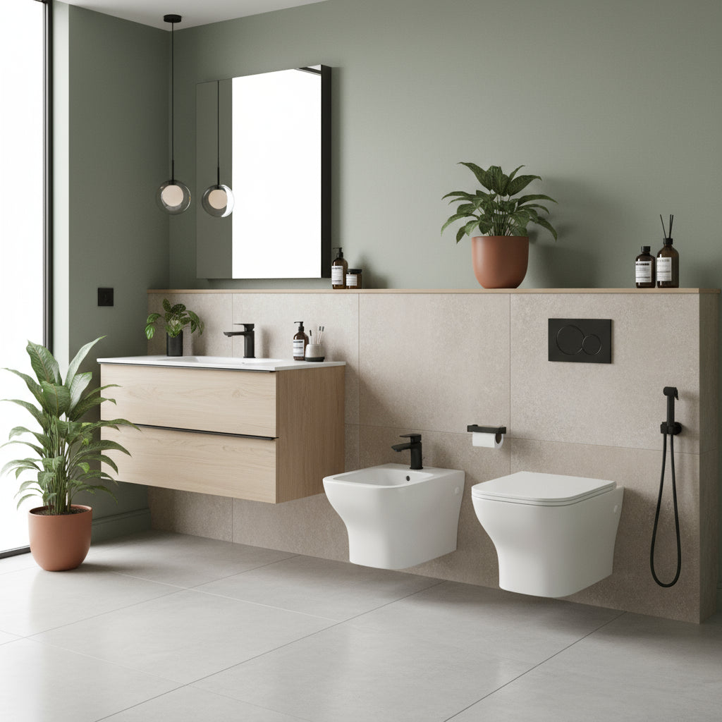 Coppia di sanitari sospesi WC bidet e coprivaso modello Reverse di Althea cm 50x36