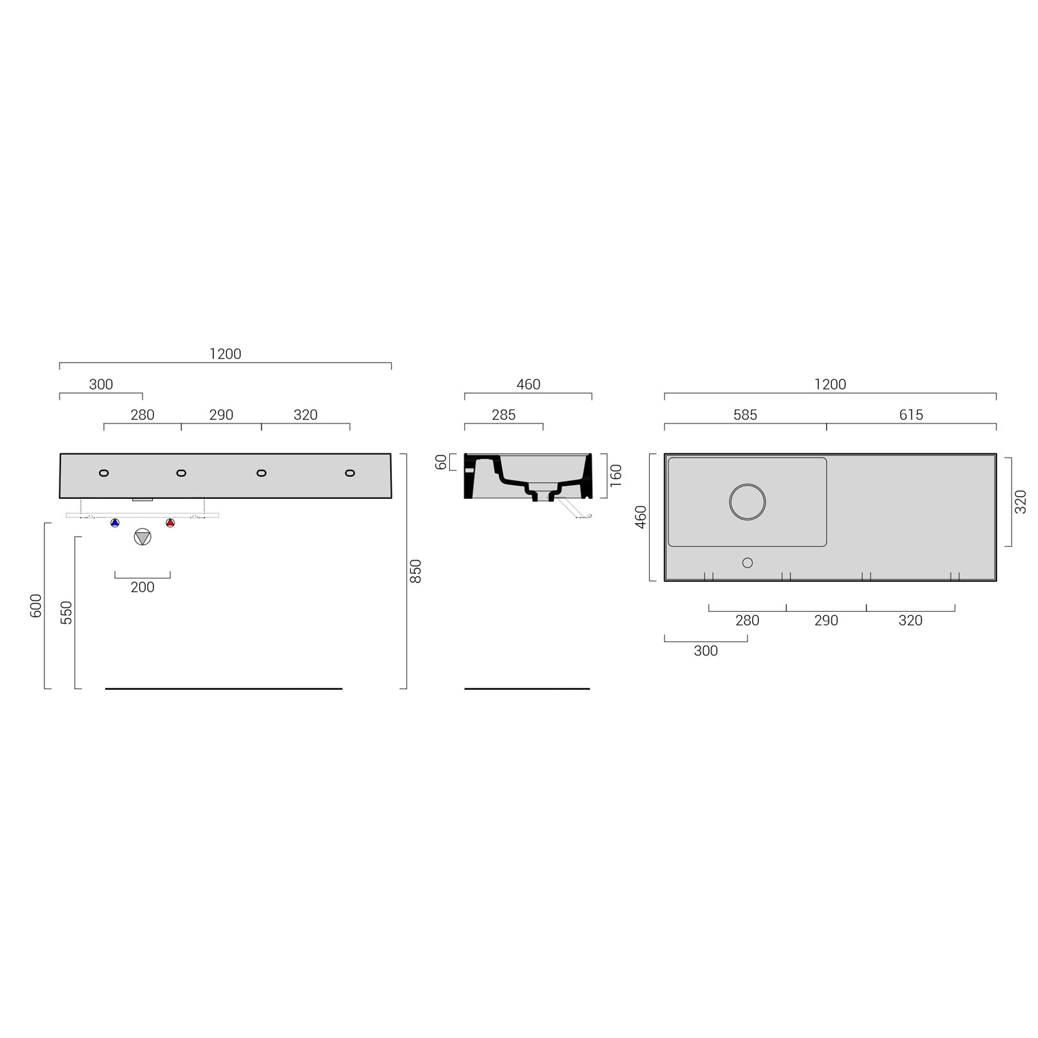 Lavabo lavatrucco vasca a destra Domus Falerii 120x46 cm installazione sospesa o da appoggio by CeramicStore | Lo specialista del tuo bagno